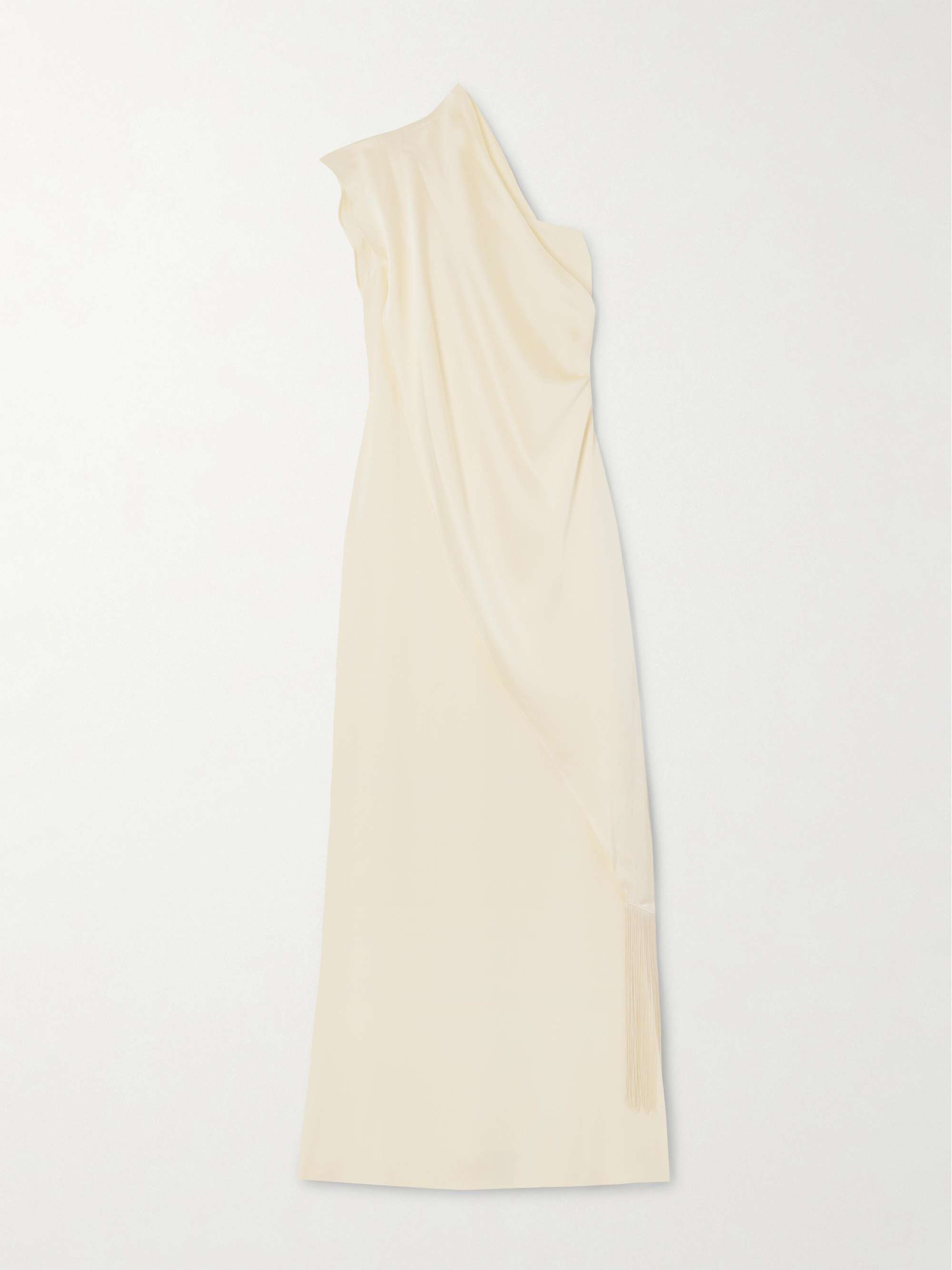 Berenson draped one-shoulder fringed crepe gown view