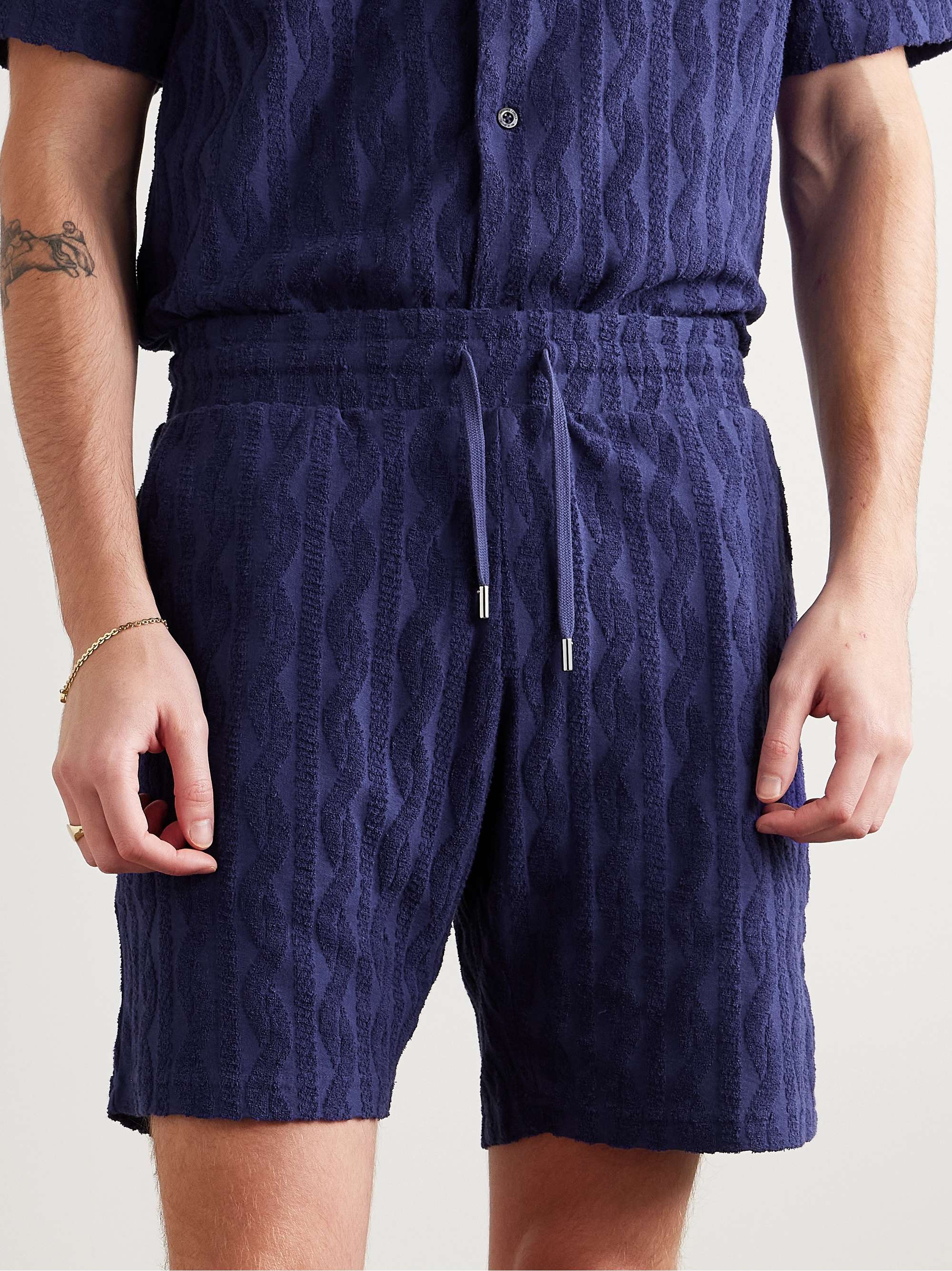 Augusto Straight-Leg Jacquard-Knit Organic Cotton-Terry Drawstring Shorts view