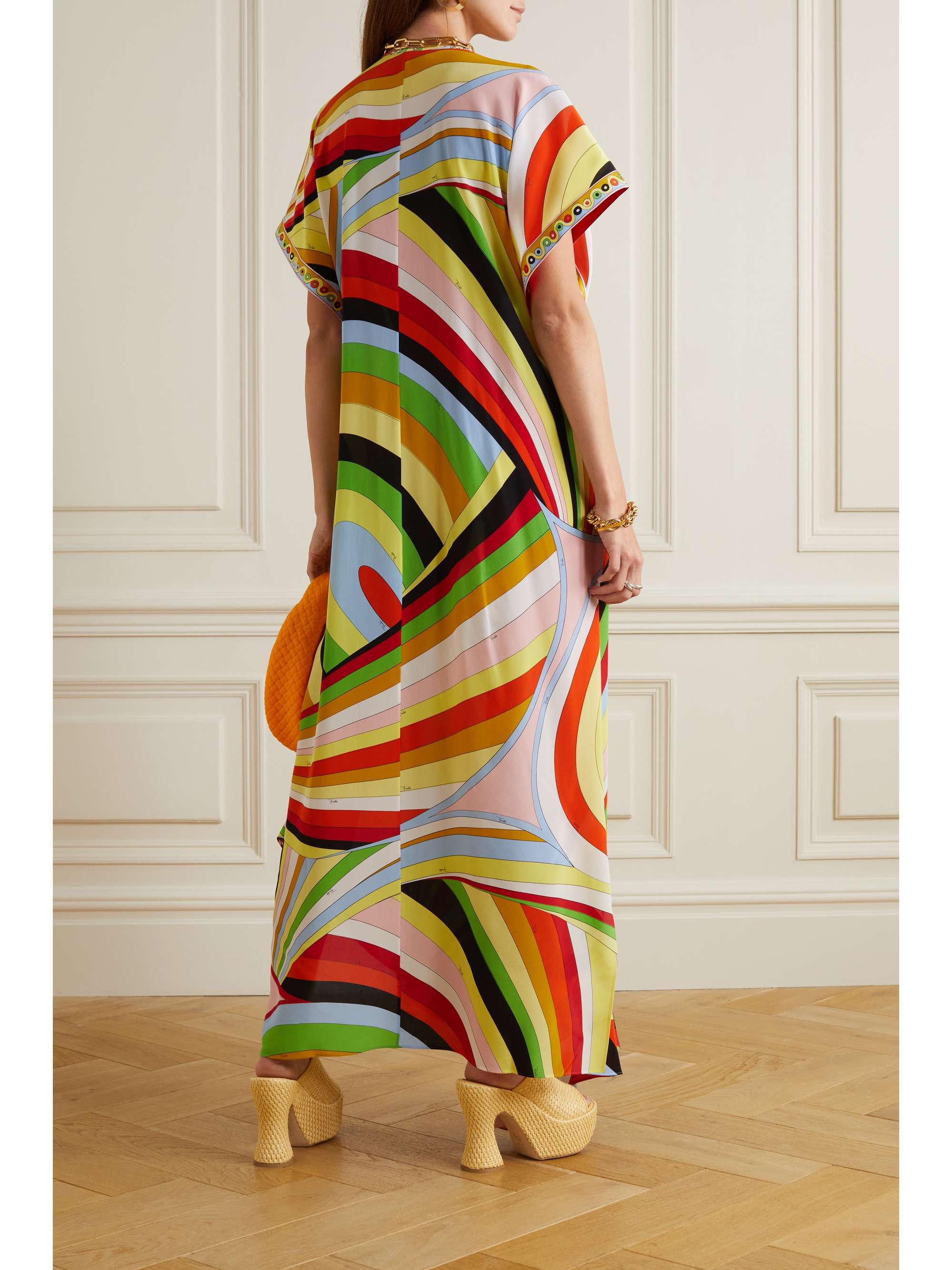 Asymmetric printed silk-satin maxi dress view