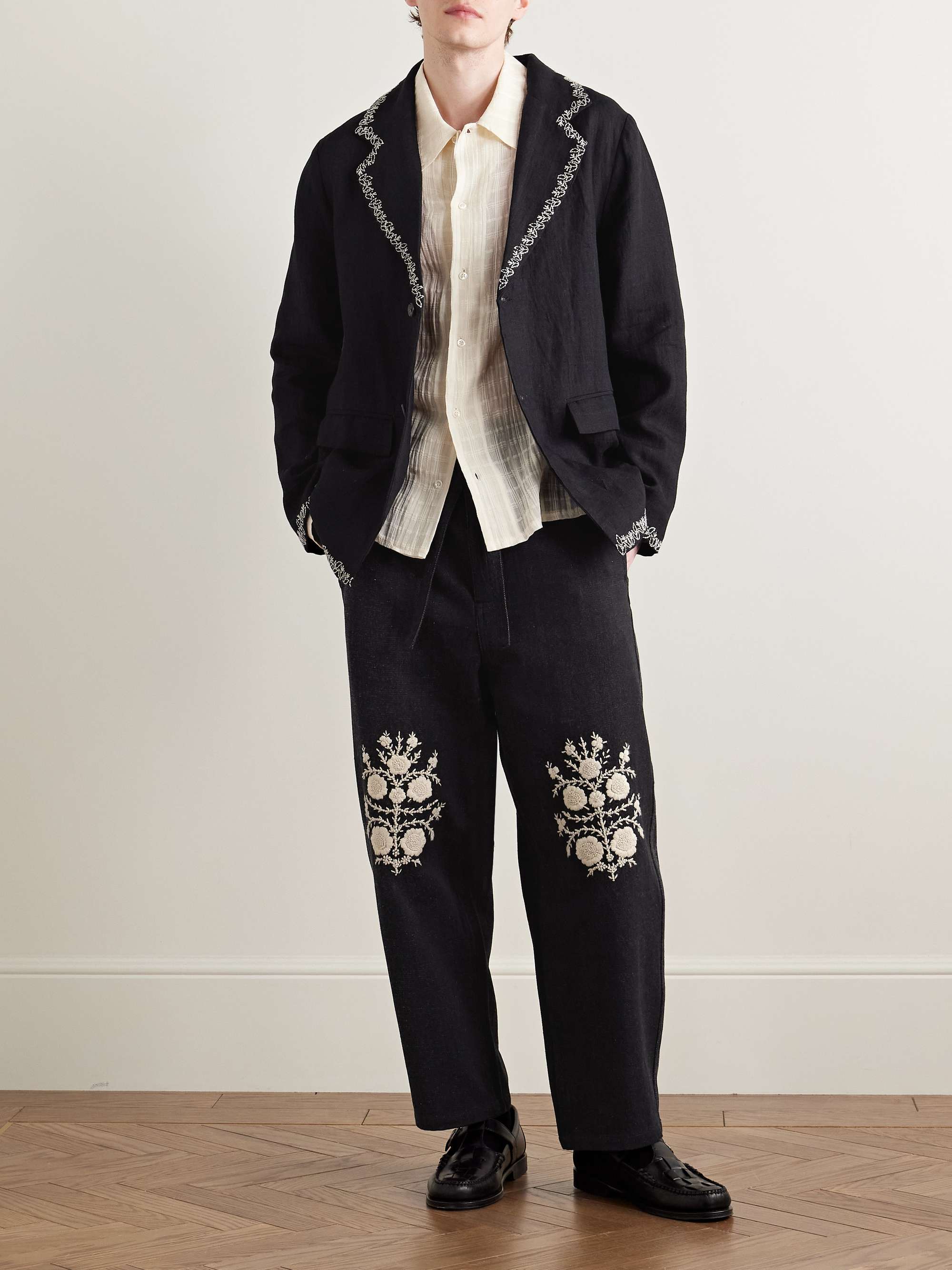 Fauji Belted Embroidered Cotton-Twill Trousers view