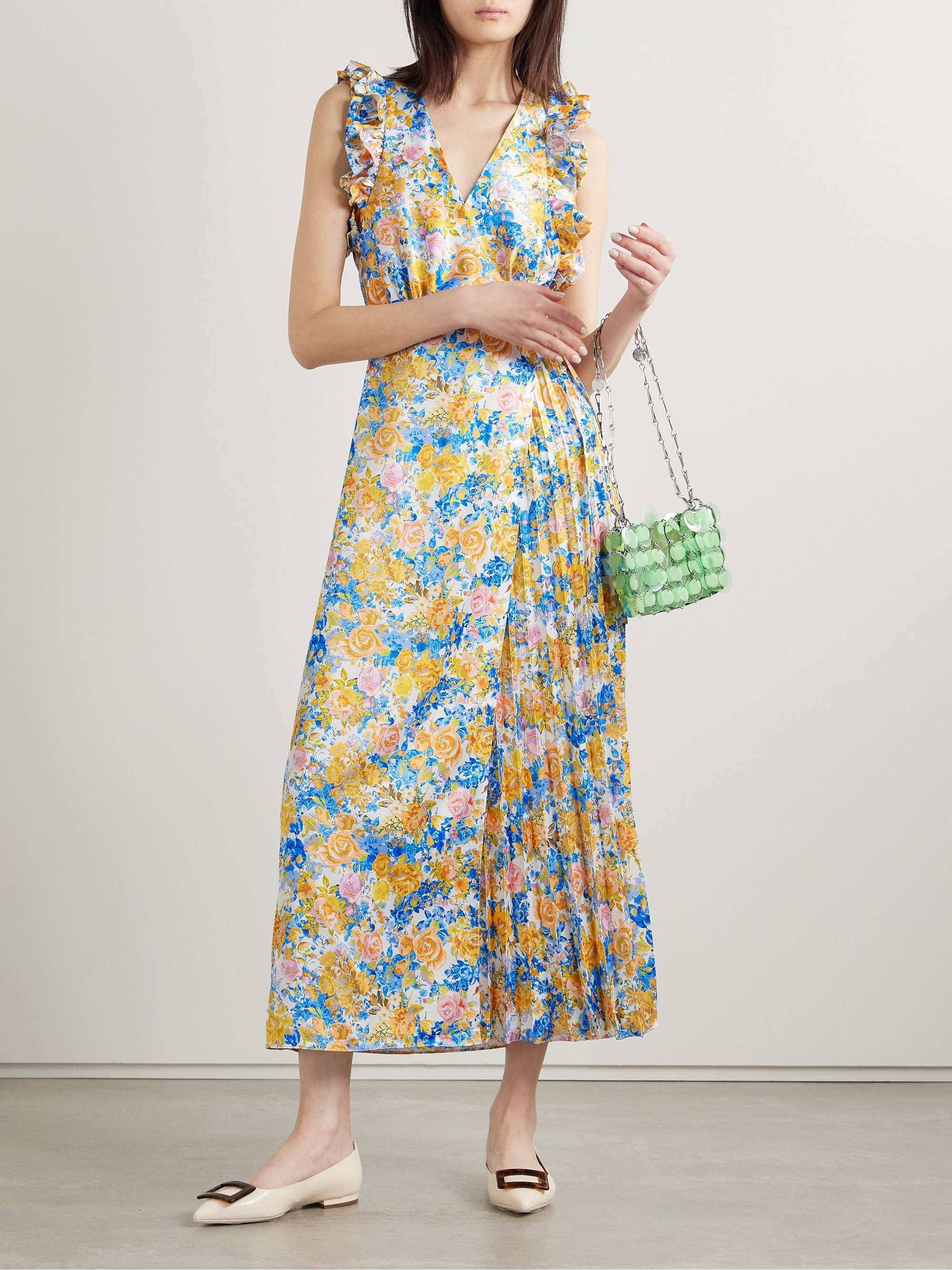 Liana pleated ruffled floral-print satin midi wrap dress view