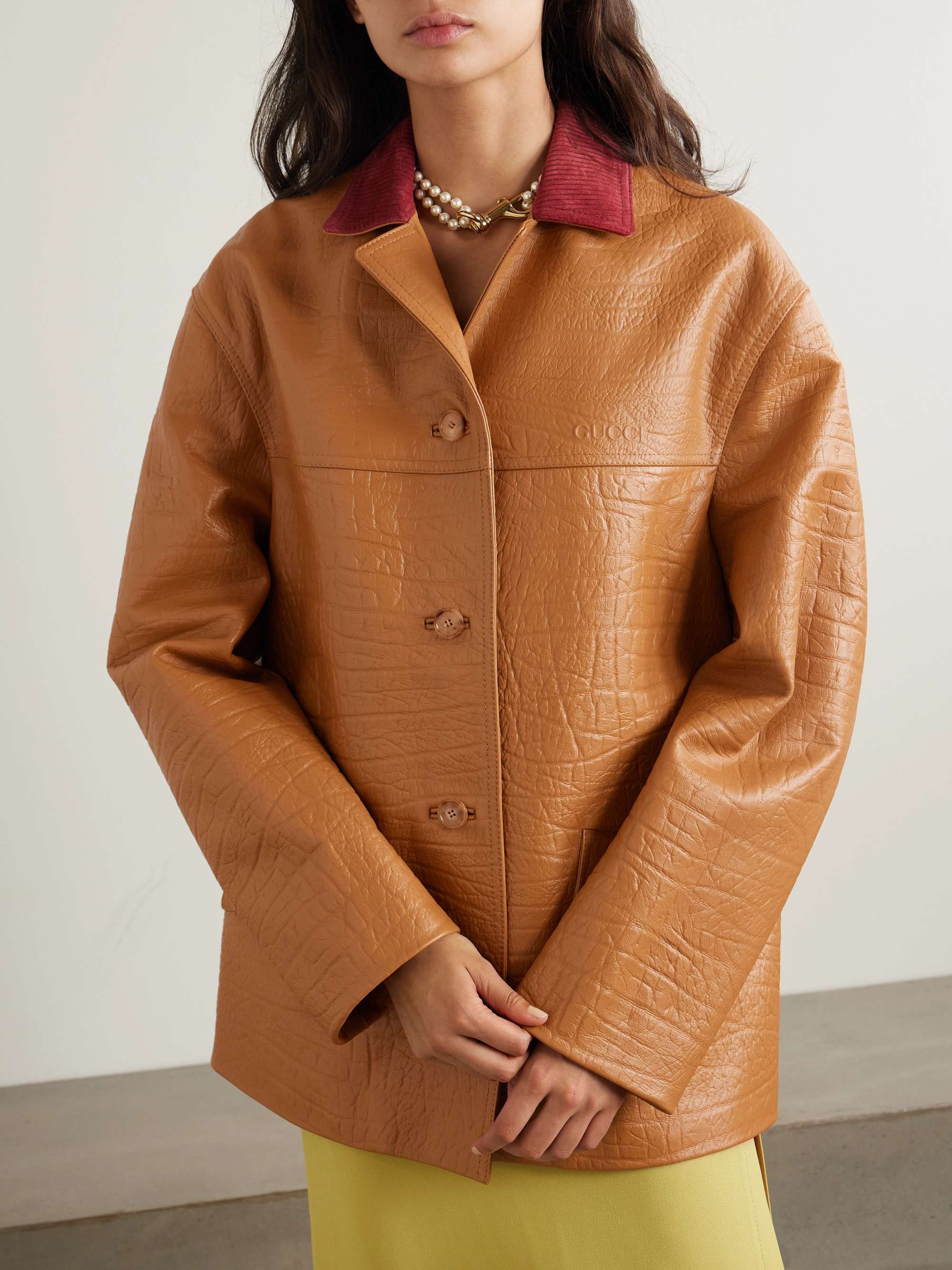 Oversized suede-trimmed textured-leather jacket view