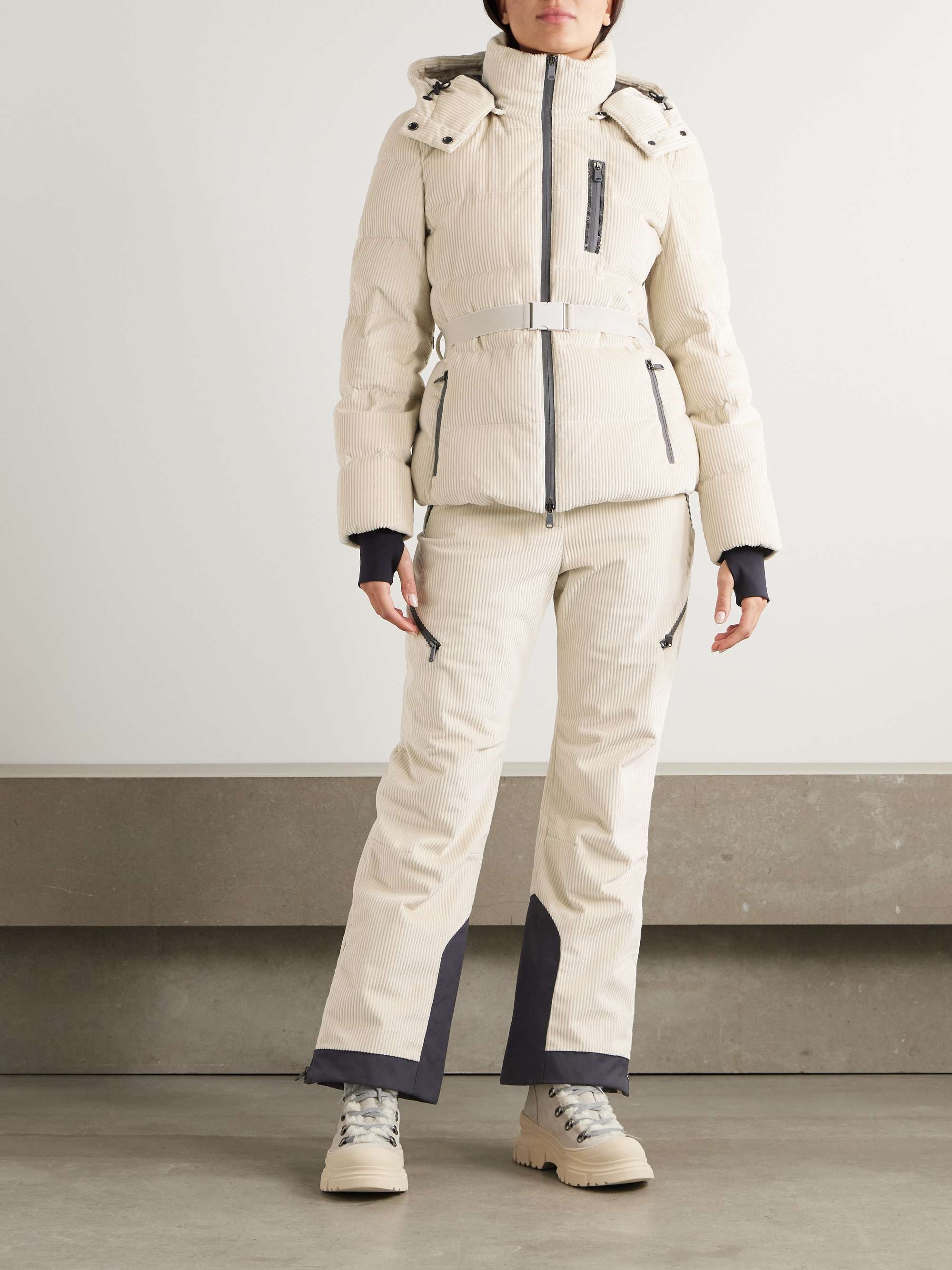 Hooded belted bead-embellished ribbed cotton-velvet ski jacket view