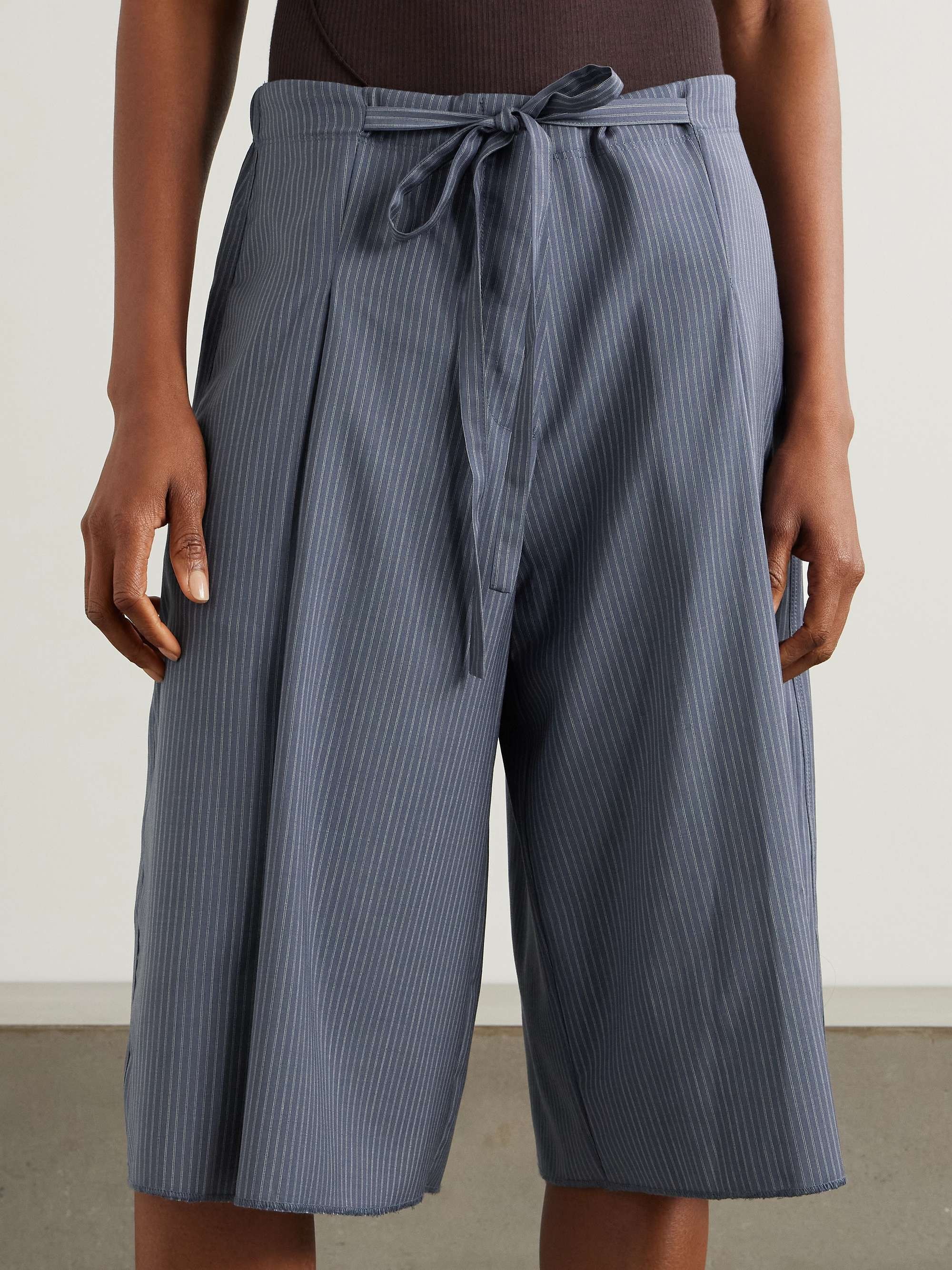Tie-detailed pleated striped wool wide-leg shorts view