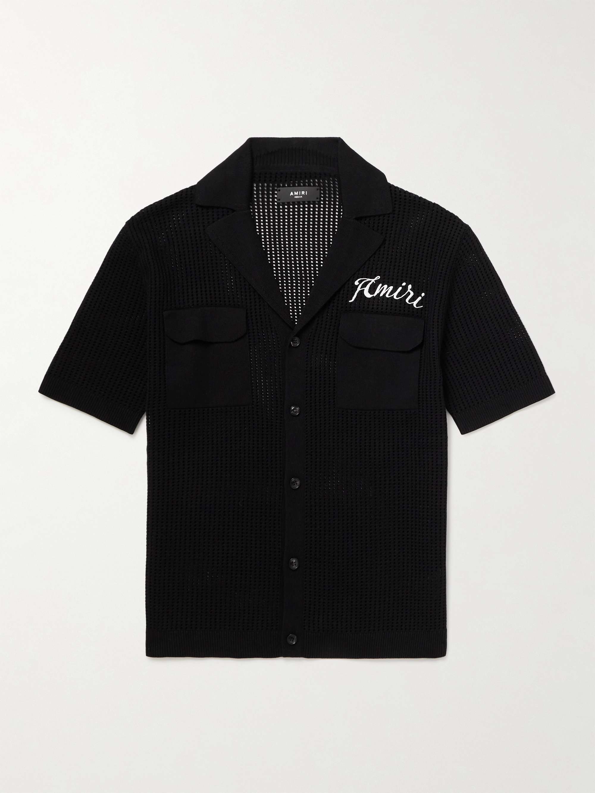 Camp-Collar Logo-Embroidered Open-Knit Cotton Shirt view