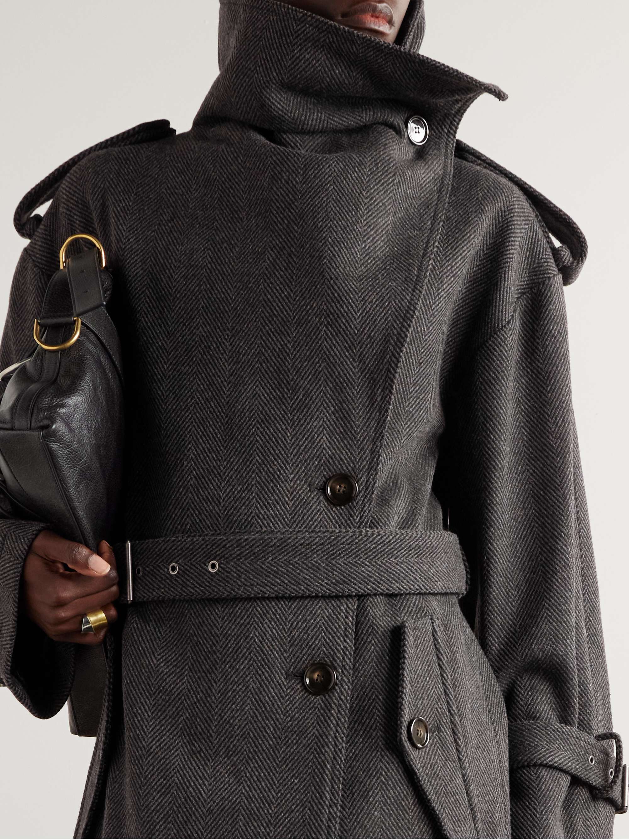 Oversized belted herringbone wool-blend coat view