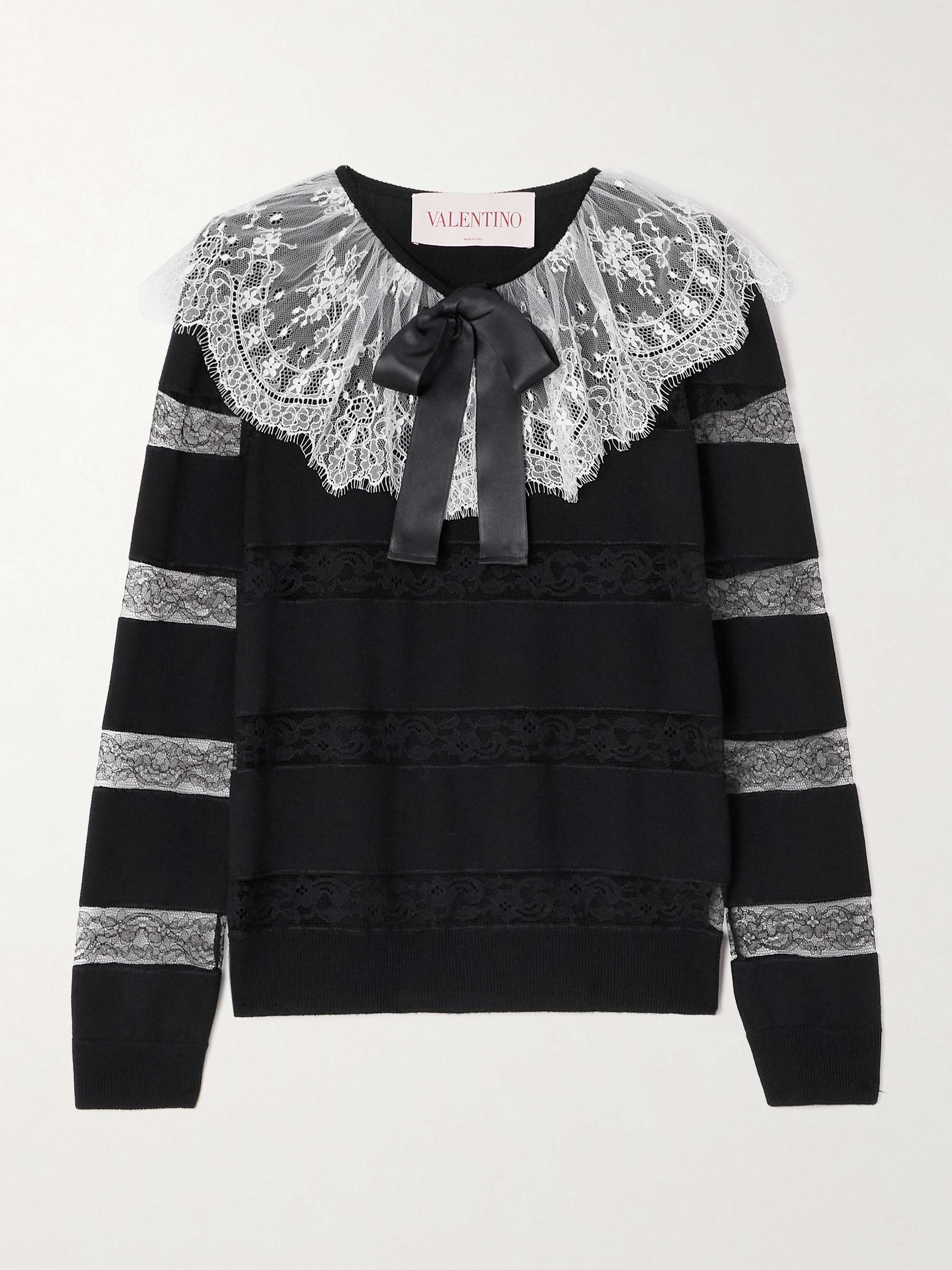 Bow-embellished striped lace-trimmed wool sweater view