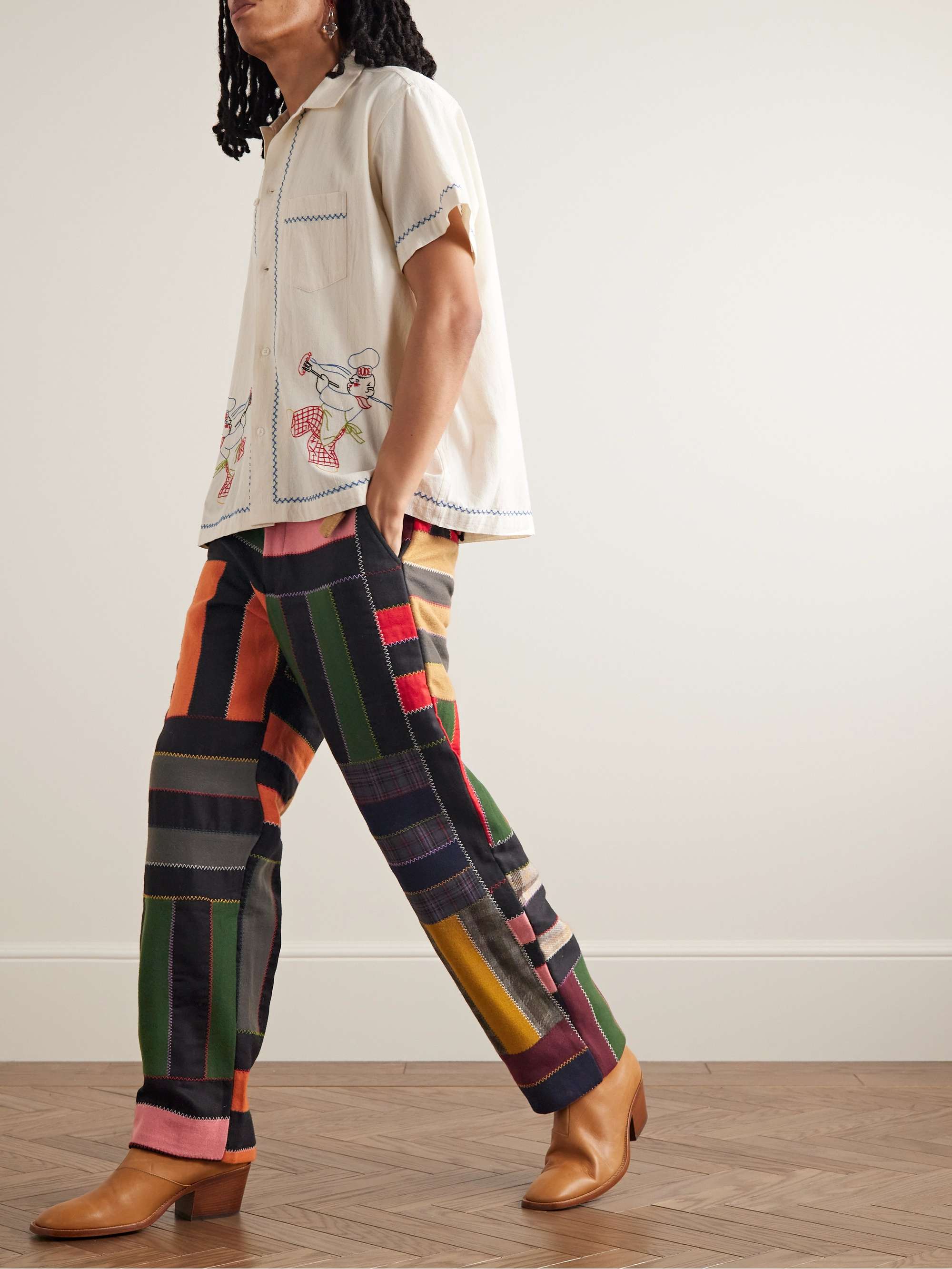 Straight-Leg Patchwork Checked Wool-Blend Trousers view