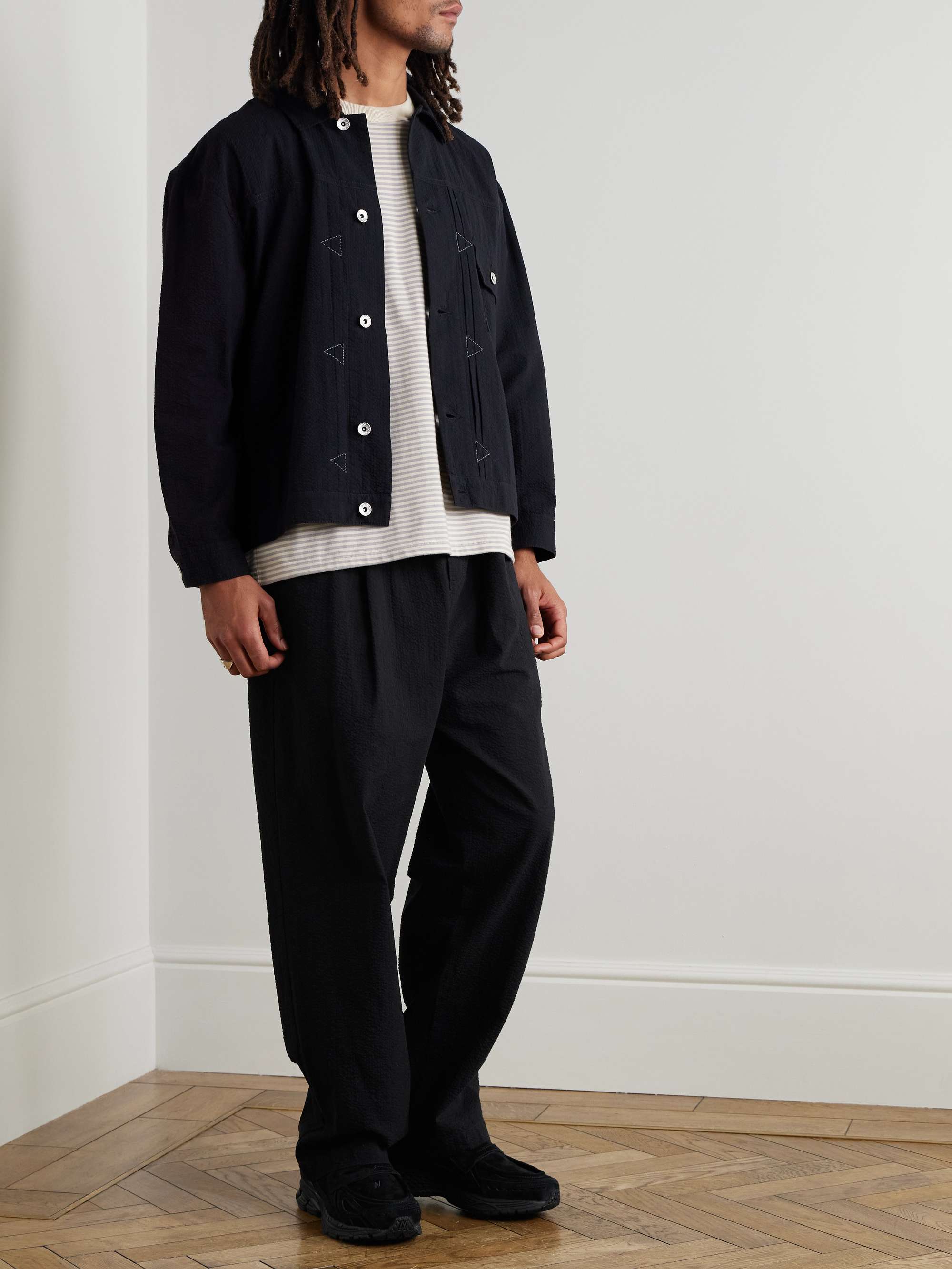 Anniversary Wide-Leg Pleated Cotton-Seersucker Drawstring Trousers view