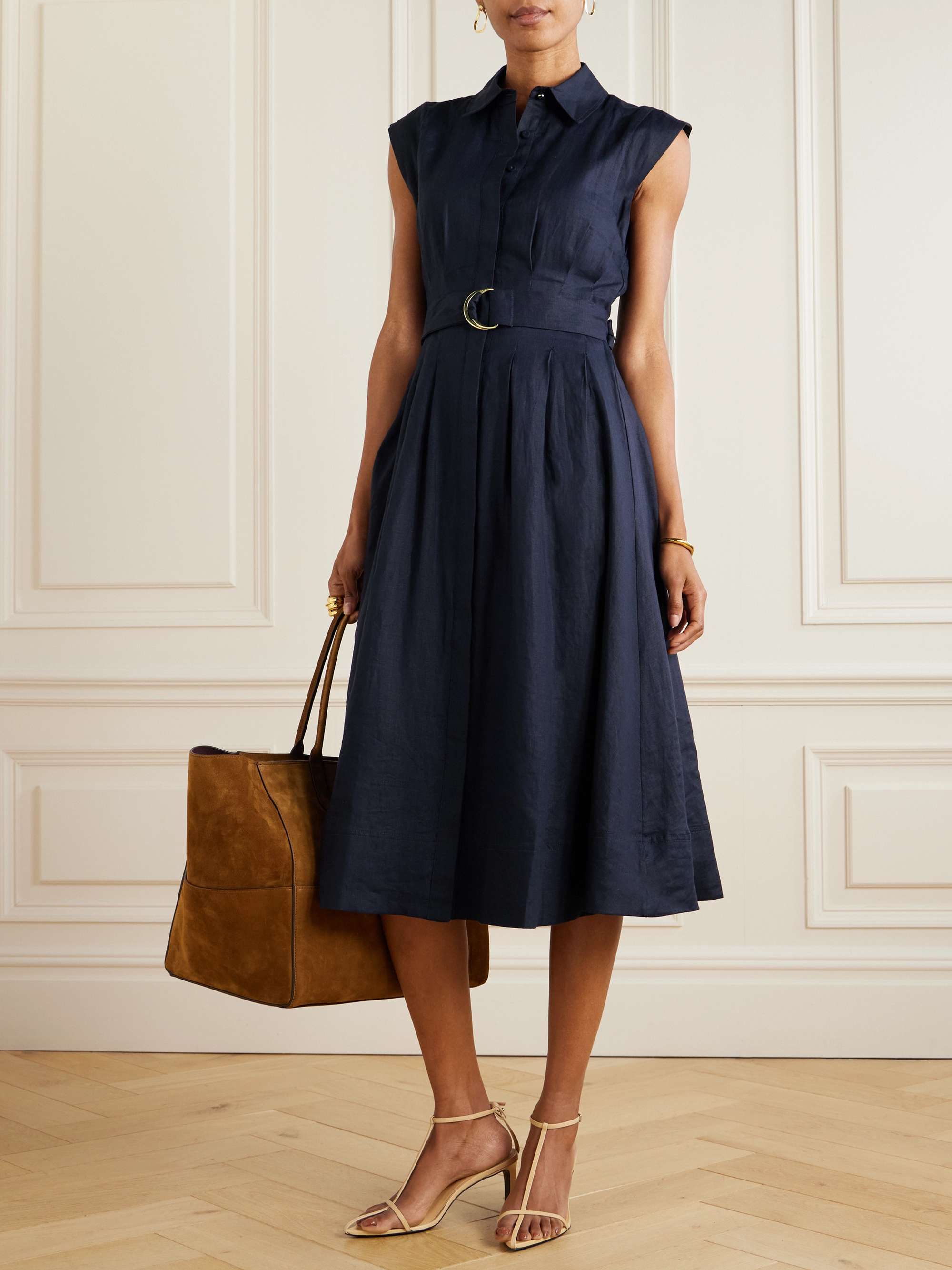 Loreta belted pleated linen midi shirt dress view