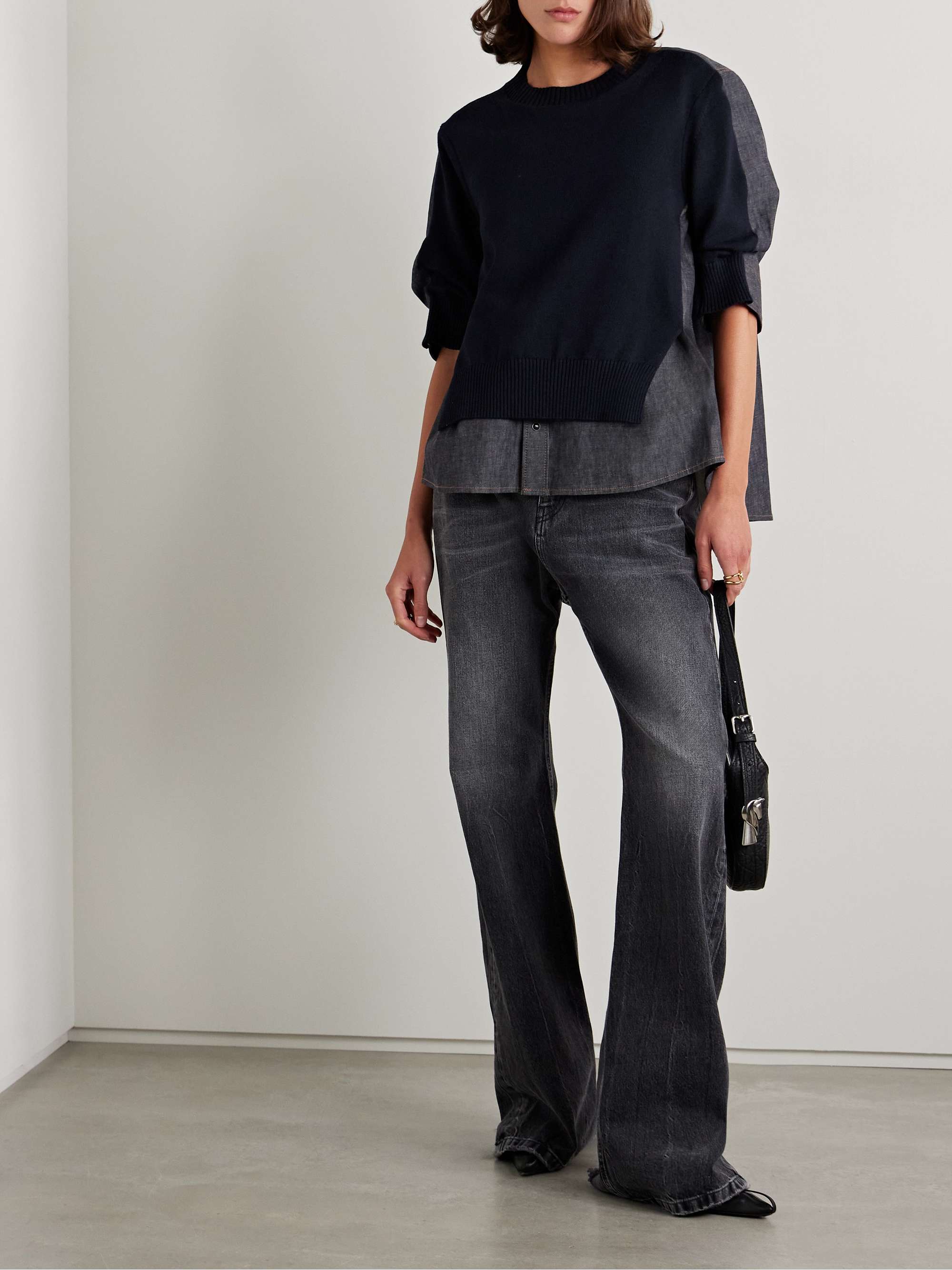 Layered knitted cotton-blend and denim shirt view
