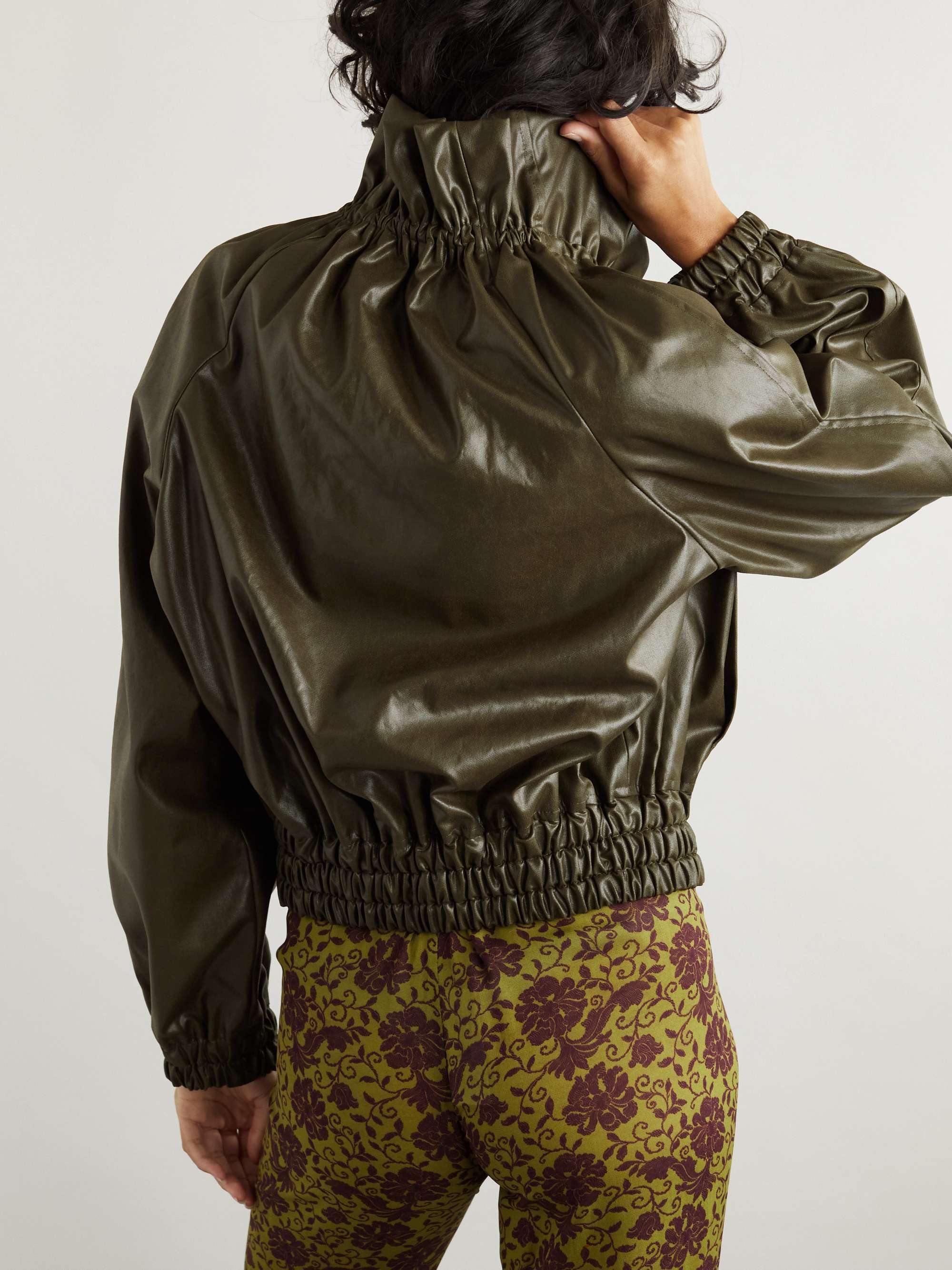 Cropped ruffled faux leather bomber jacket view