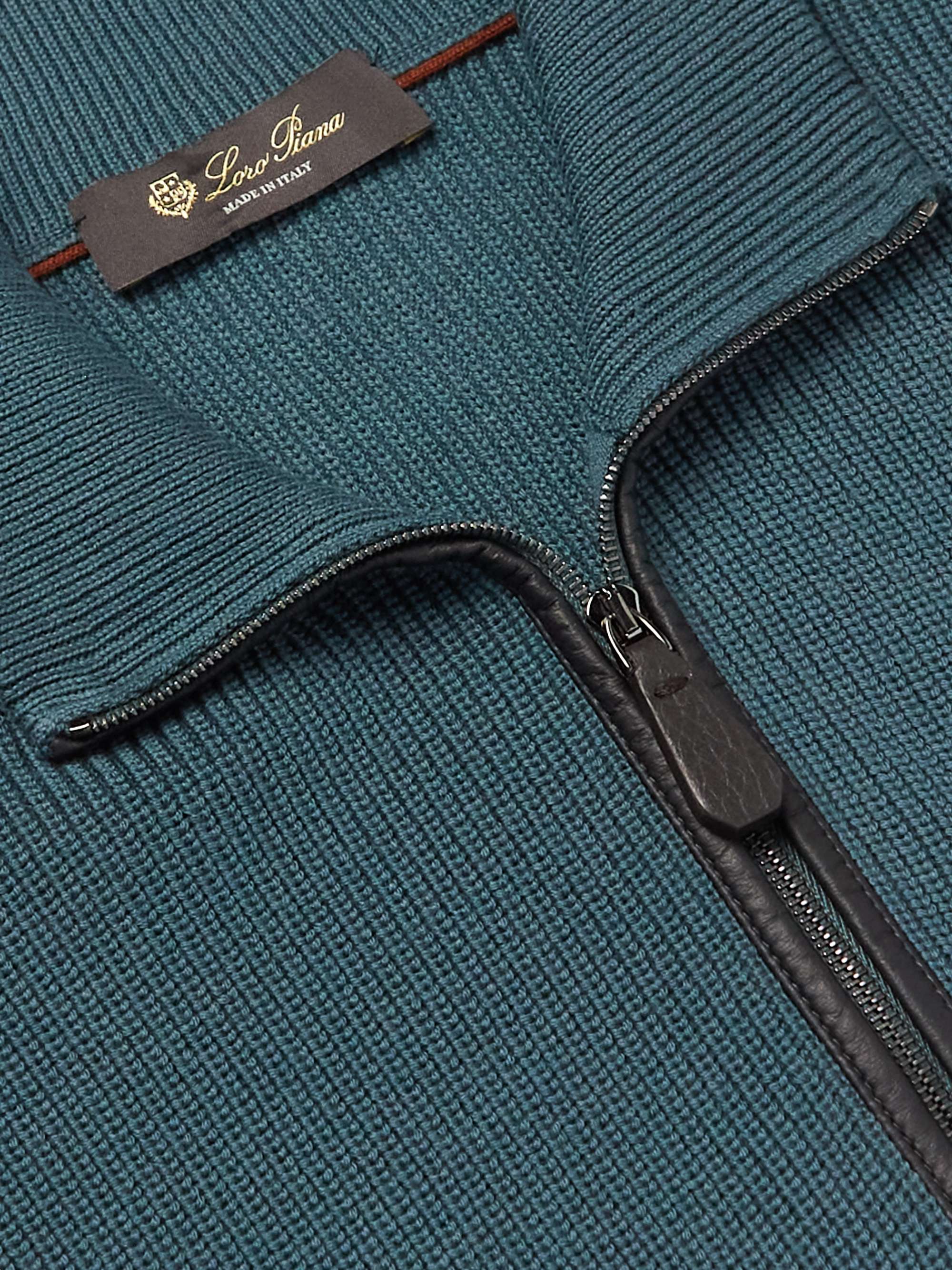 Leather-Trimmed Ribbed Wool Half-Zip Sweatshirt view