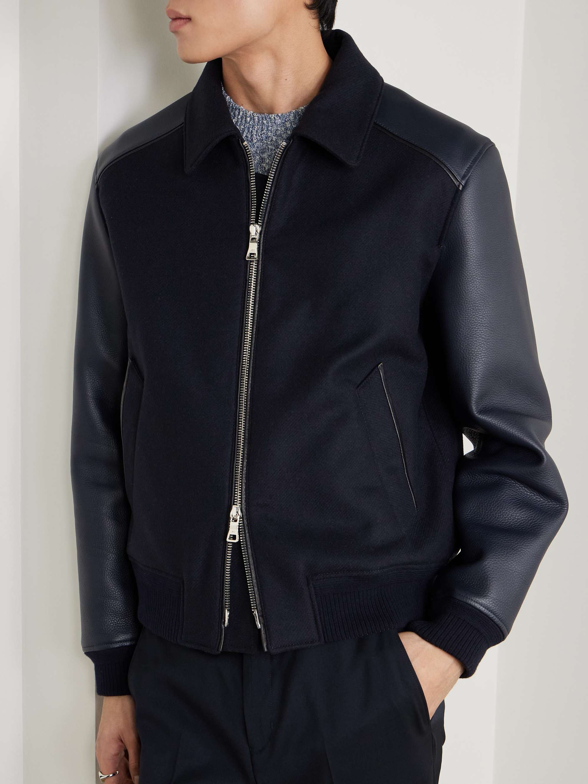 Panelled Ribbed Wool and Textured-Leather Varsity Jacket view