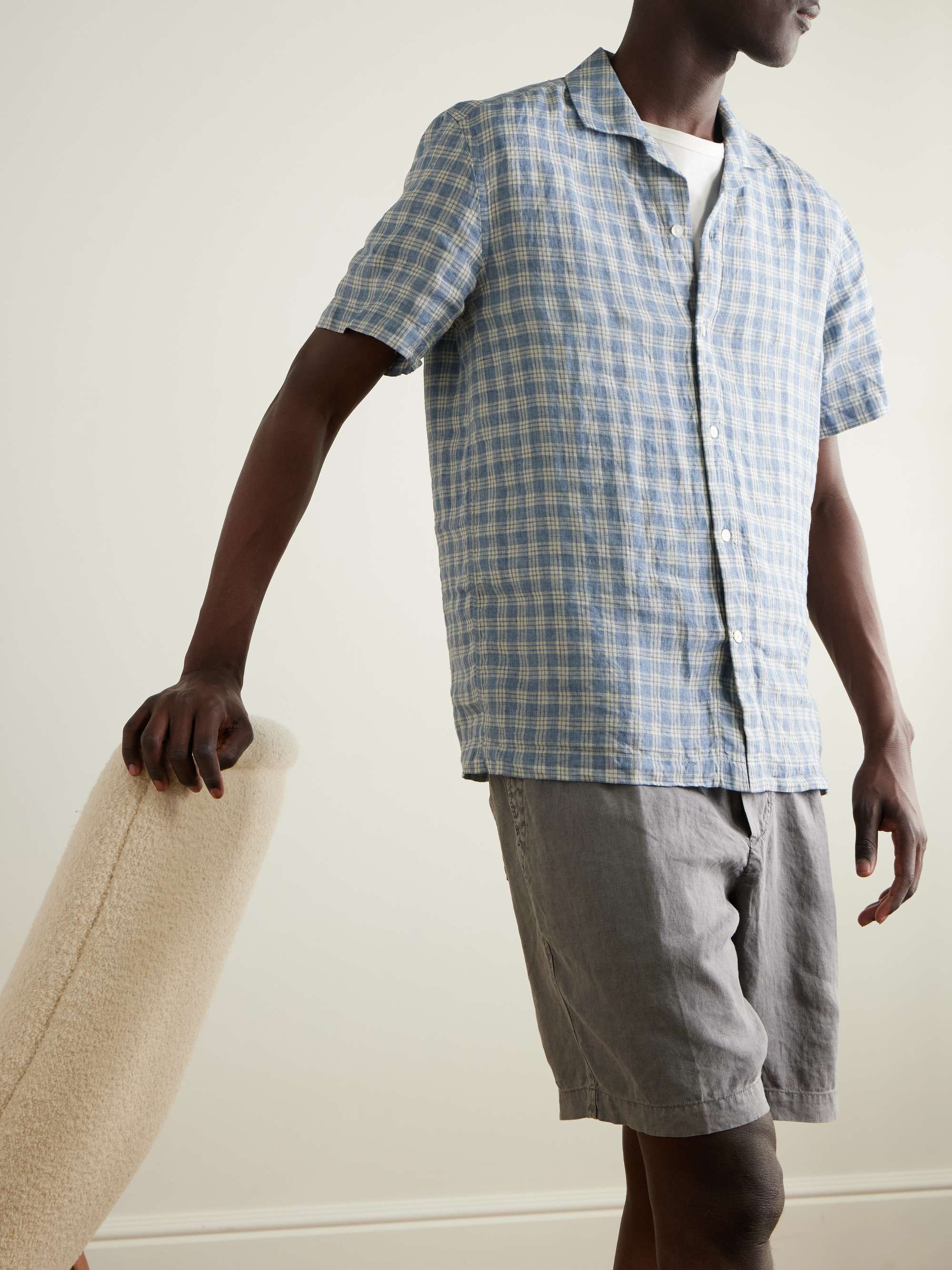 Camp-Collar Checked Crinkled-Linen Shirt view