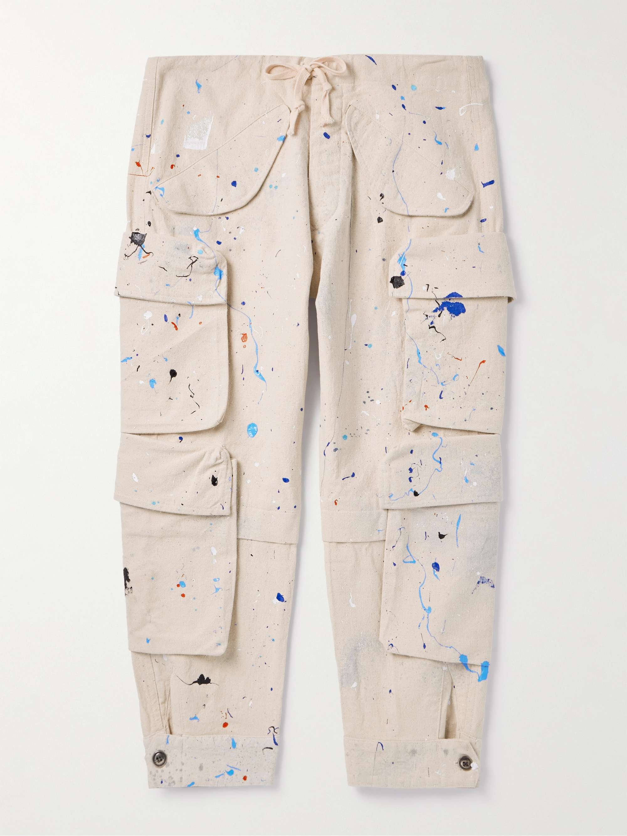 Tapered Cropped Paint-Splattered Cotton-Canvas Drawstring Cargo Trousers view