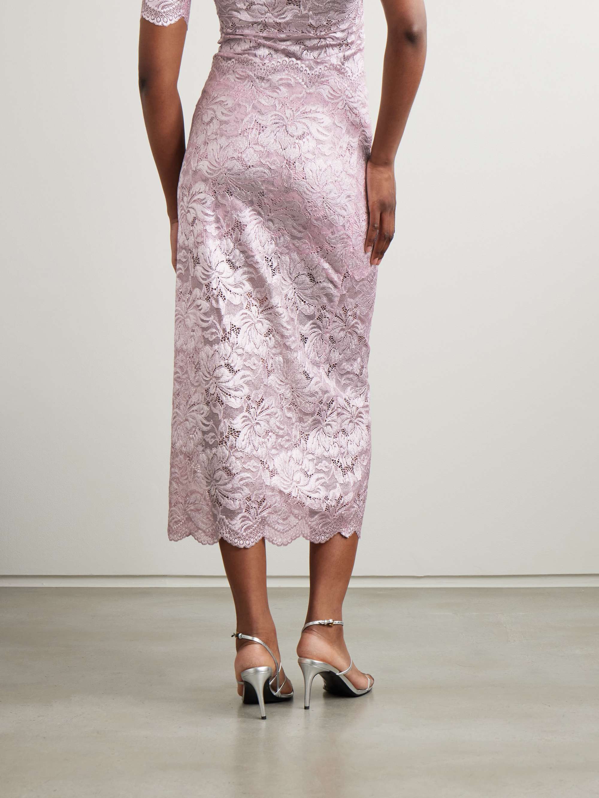 Scalloped metallic stretch-lace midi skirt view