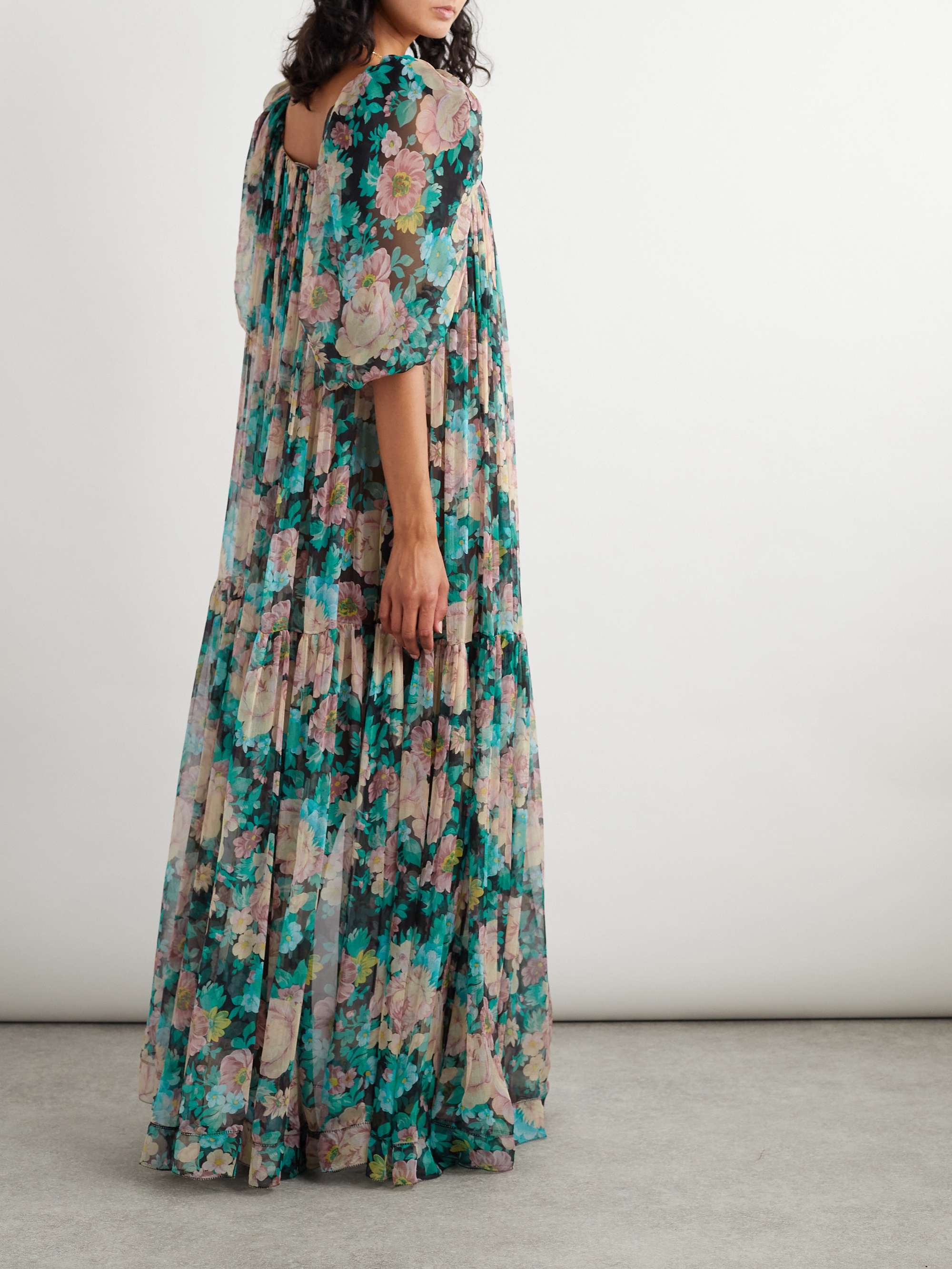 Gathered floral-print silk-muslin maxi dress view