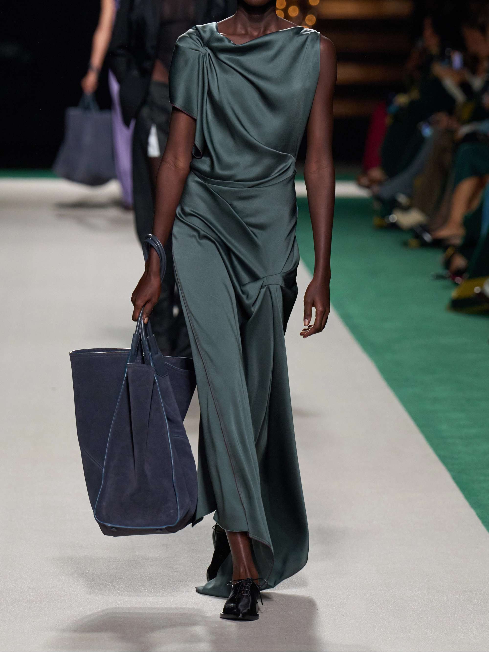 Asymmetric draped satin midi dress view