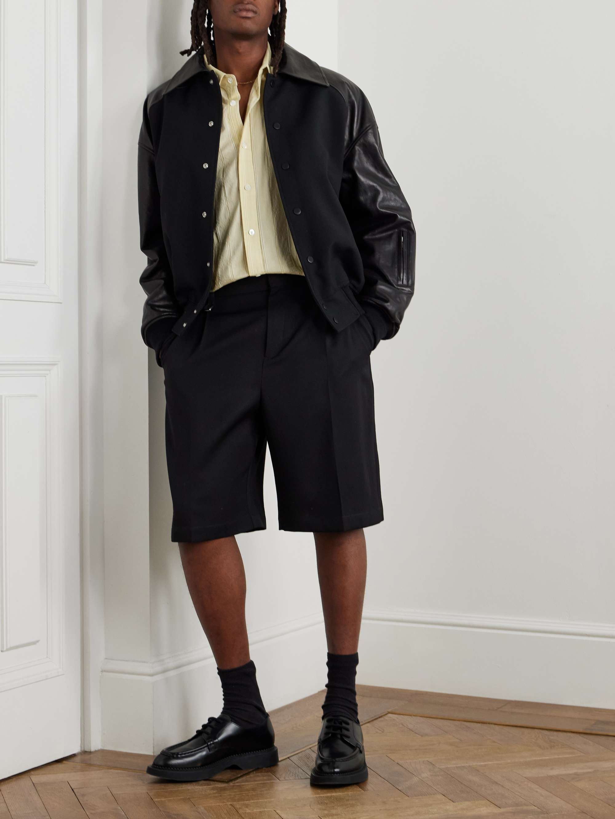 Oversized Leather-Trimmed Wool Varsity Jacket view