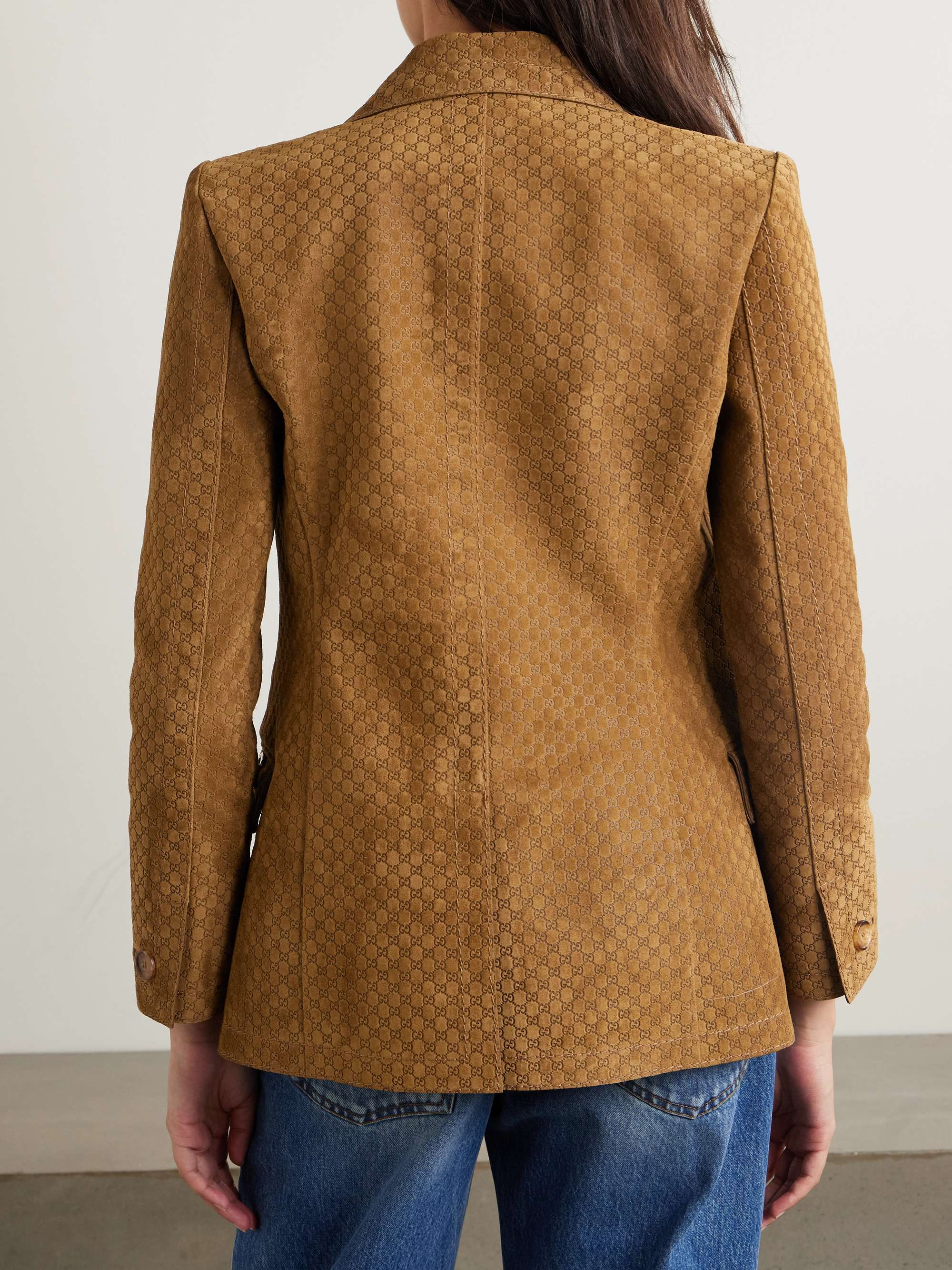 Double-breasted horsebit-detailed debossed suede blazer view