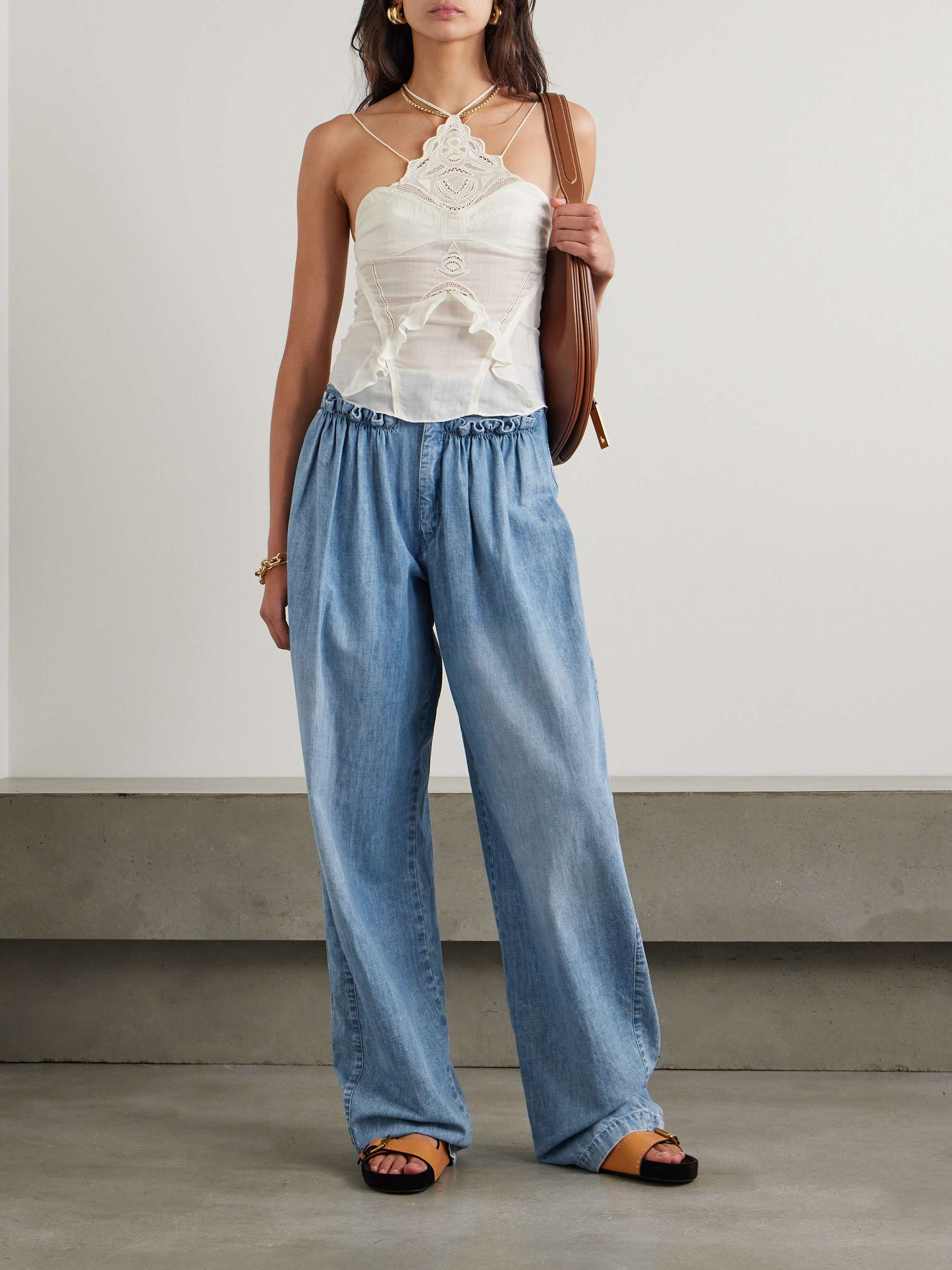 Inaya ruffled cotton-chambray barrel-leg pants view