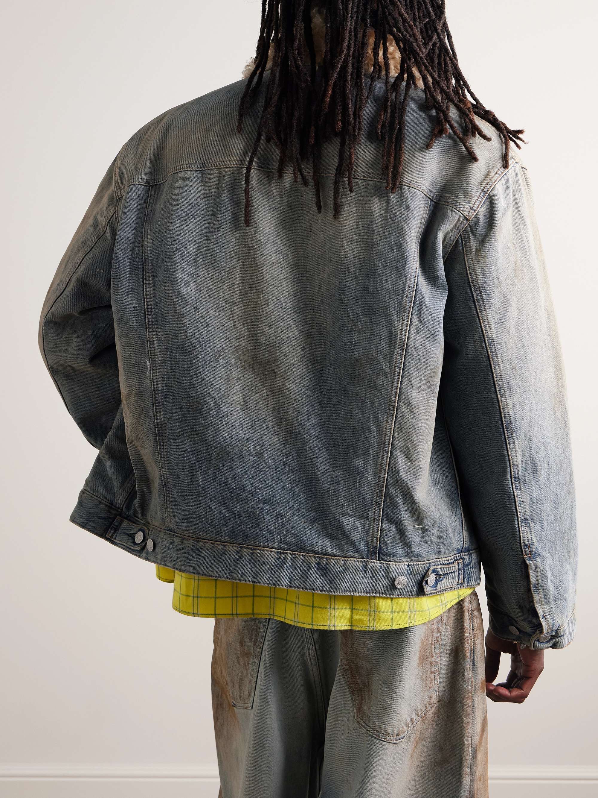 Robert Faux Shearling-Trimmed Padded Distressed Denim Jacket view