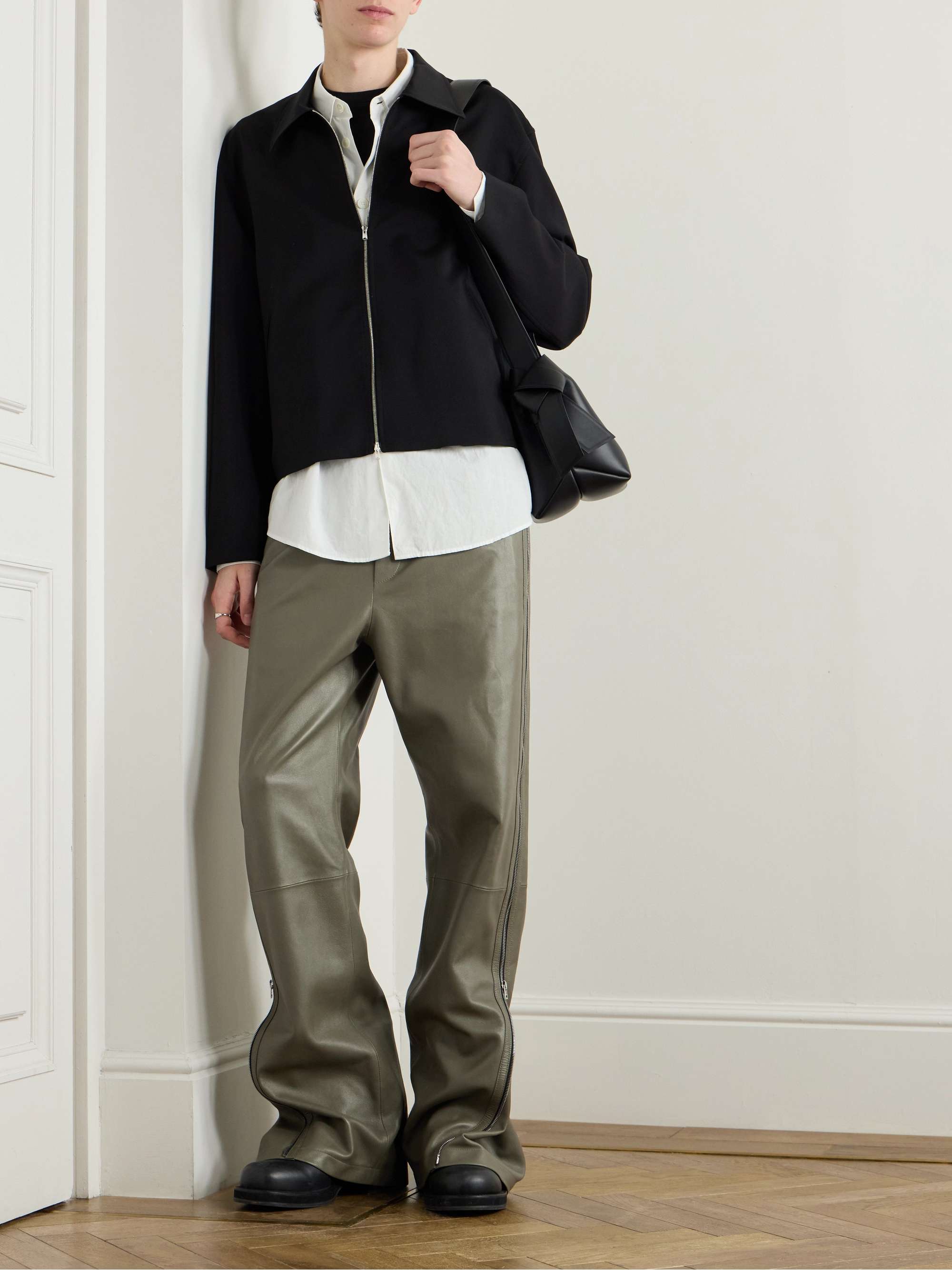 Straight-Leg Zip-Detailed Leather Drawstring Trousers view