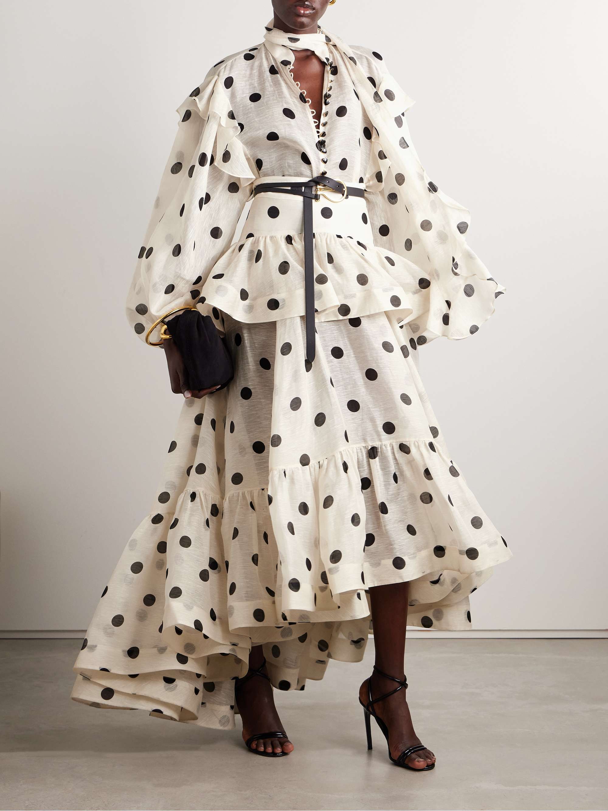 Crush tiered ruffled polka-dot linen and silk-blend organza maxi skirt view