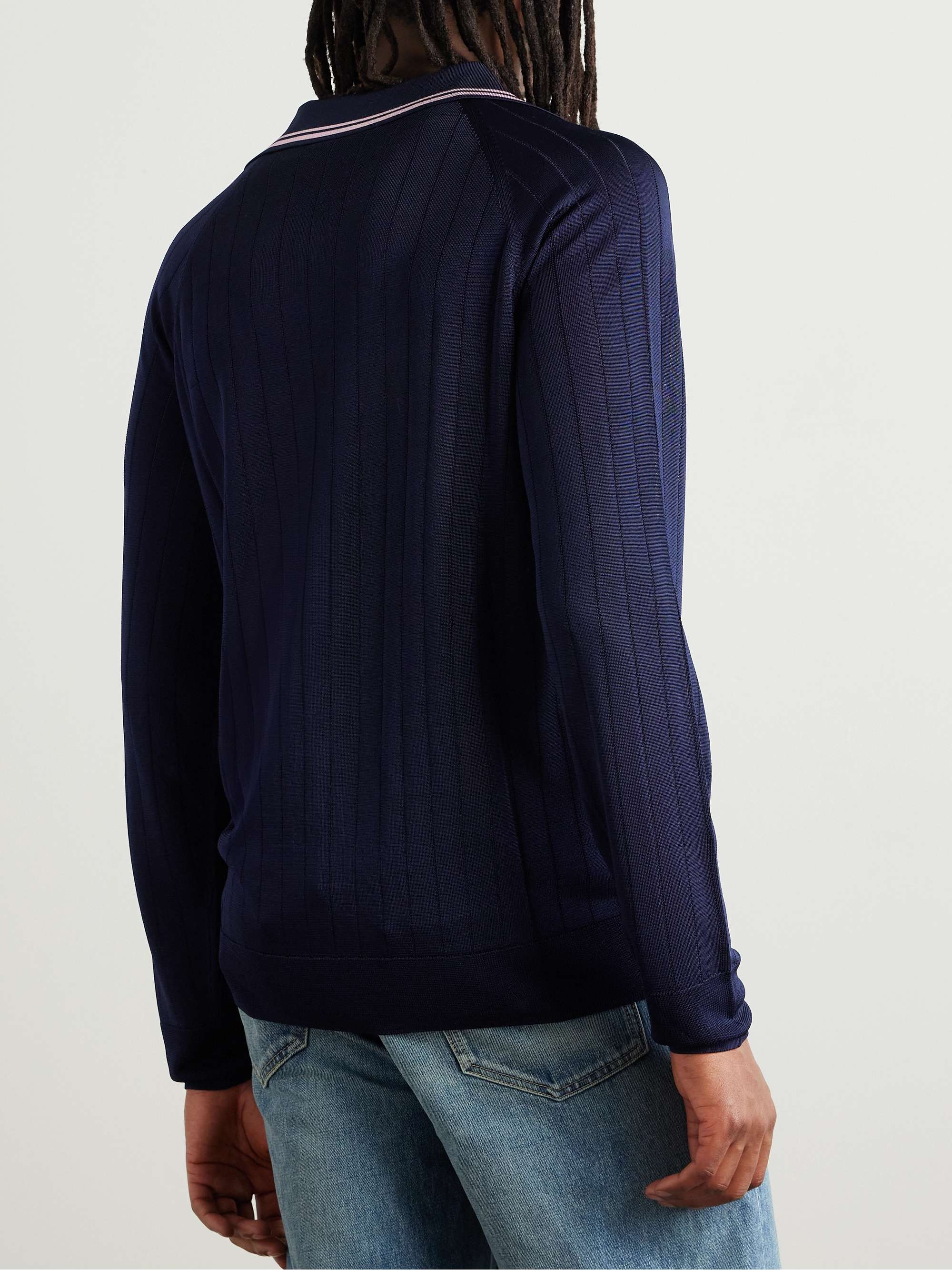Logo-Embroidered Striped Ribbed-Knit Polo Shirt view