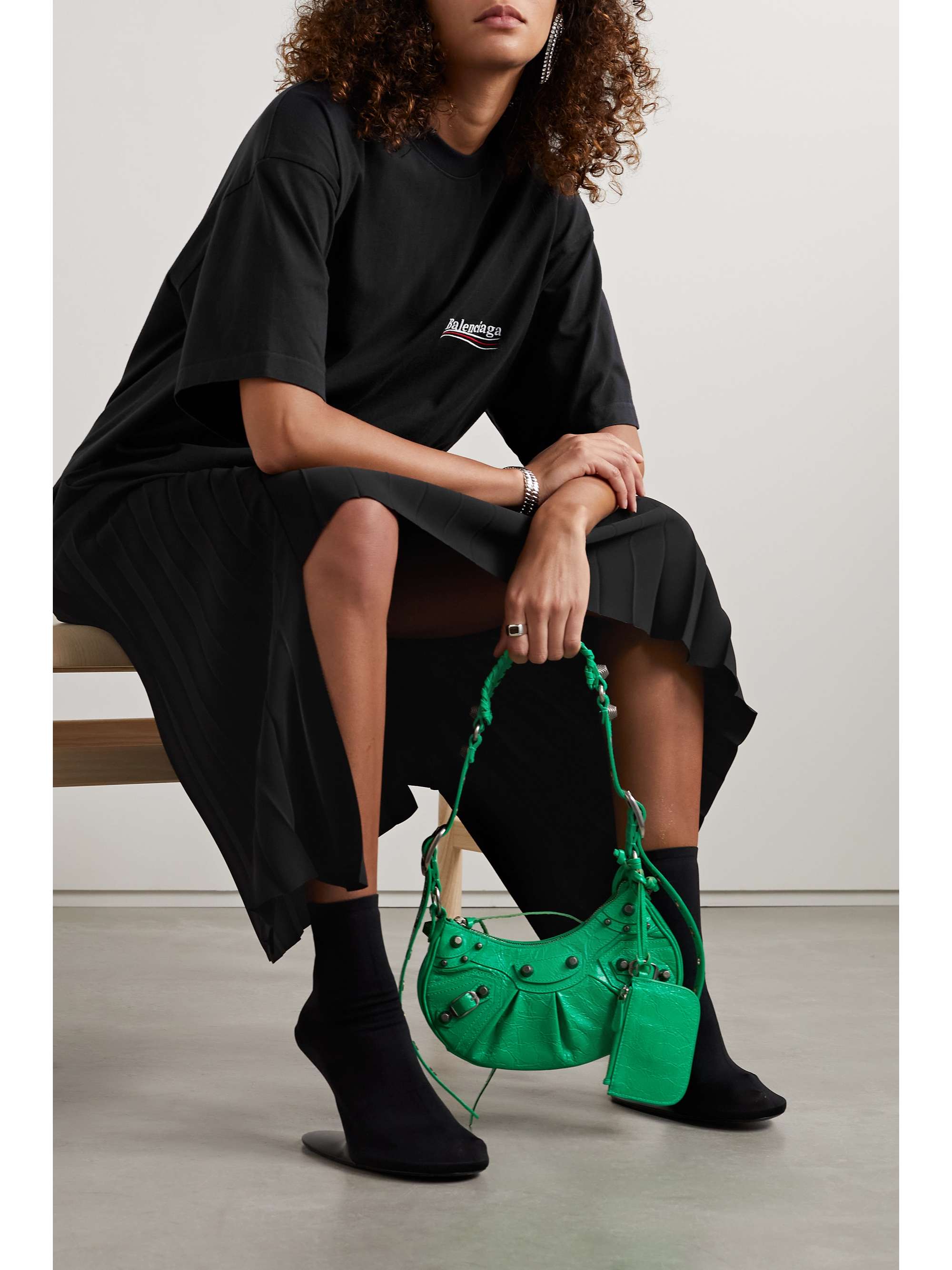 Embroidered cotton-jersey and pleated crepe midi dress view
