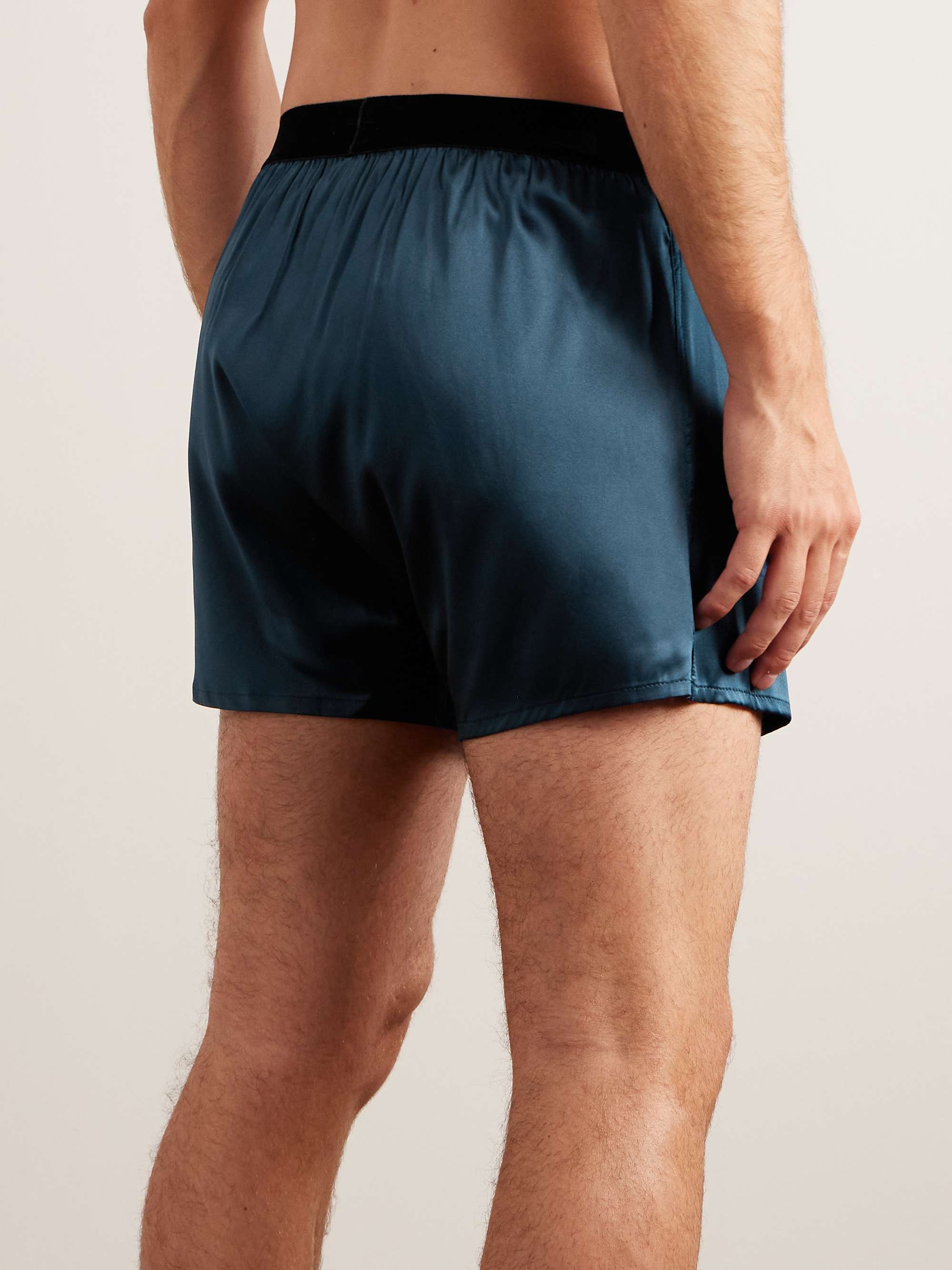 Velvet-Trimmed Stretch-Silk Satin Boxer Shorts view