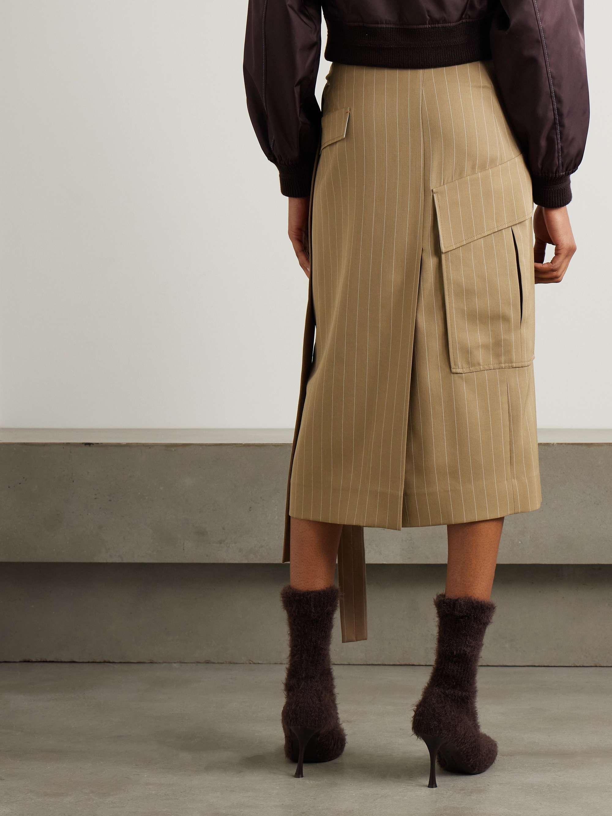 Tie-detailed pinstriped wool-twill midi wrap skirt view