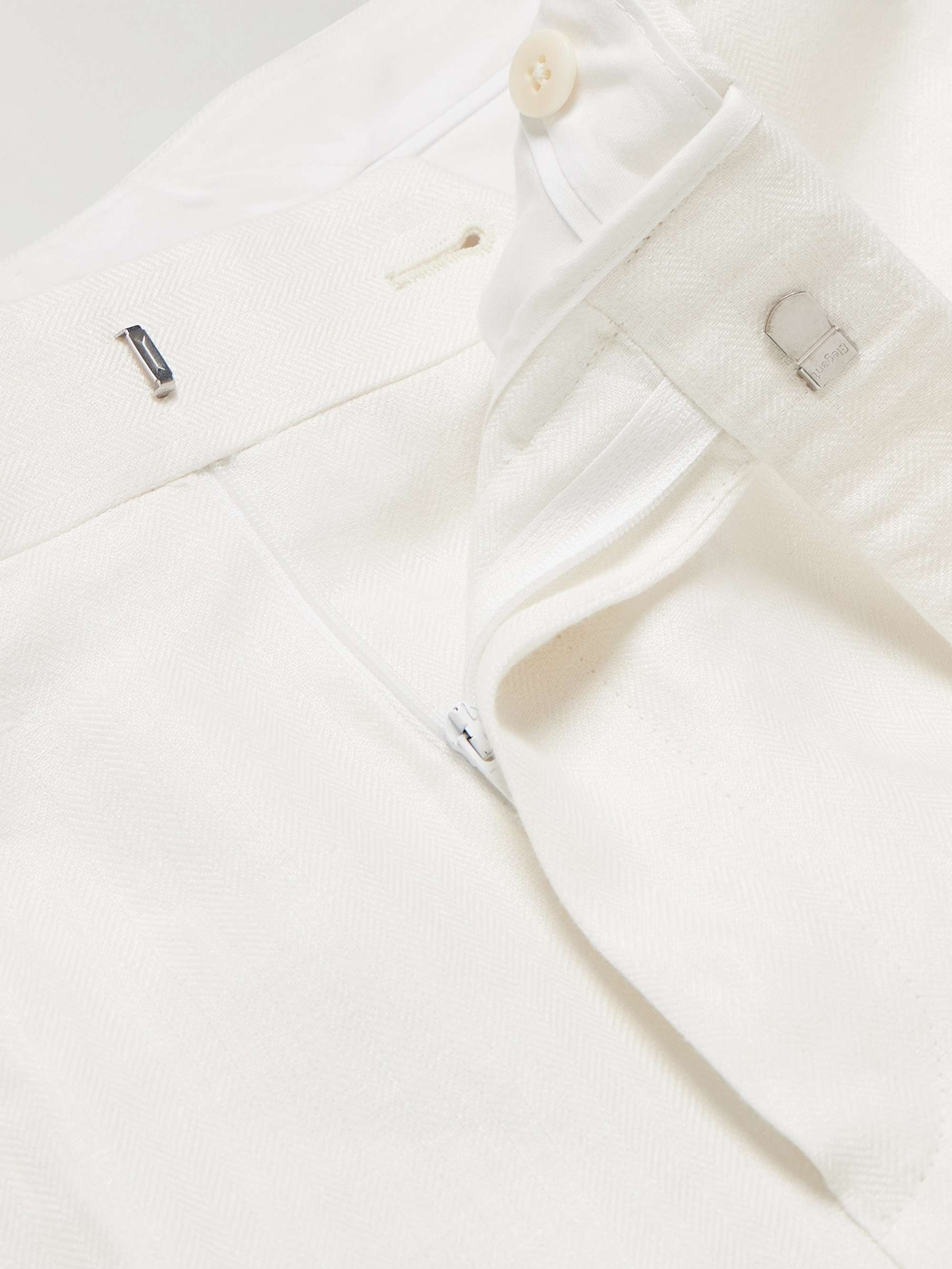 Tapered Pleated Herringbone Linen-Twill Suit Trousers view