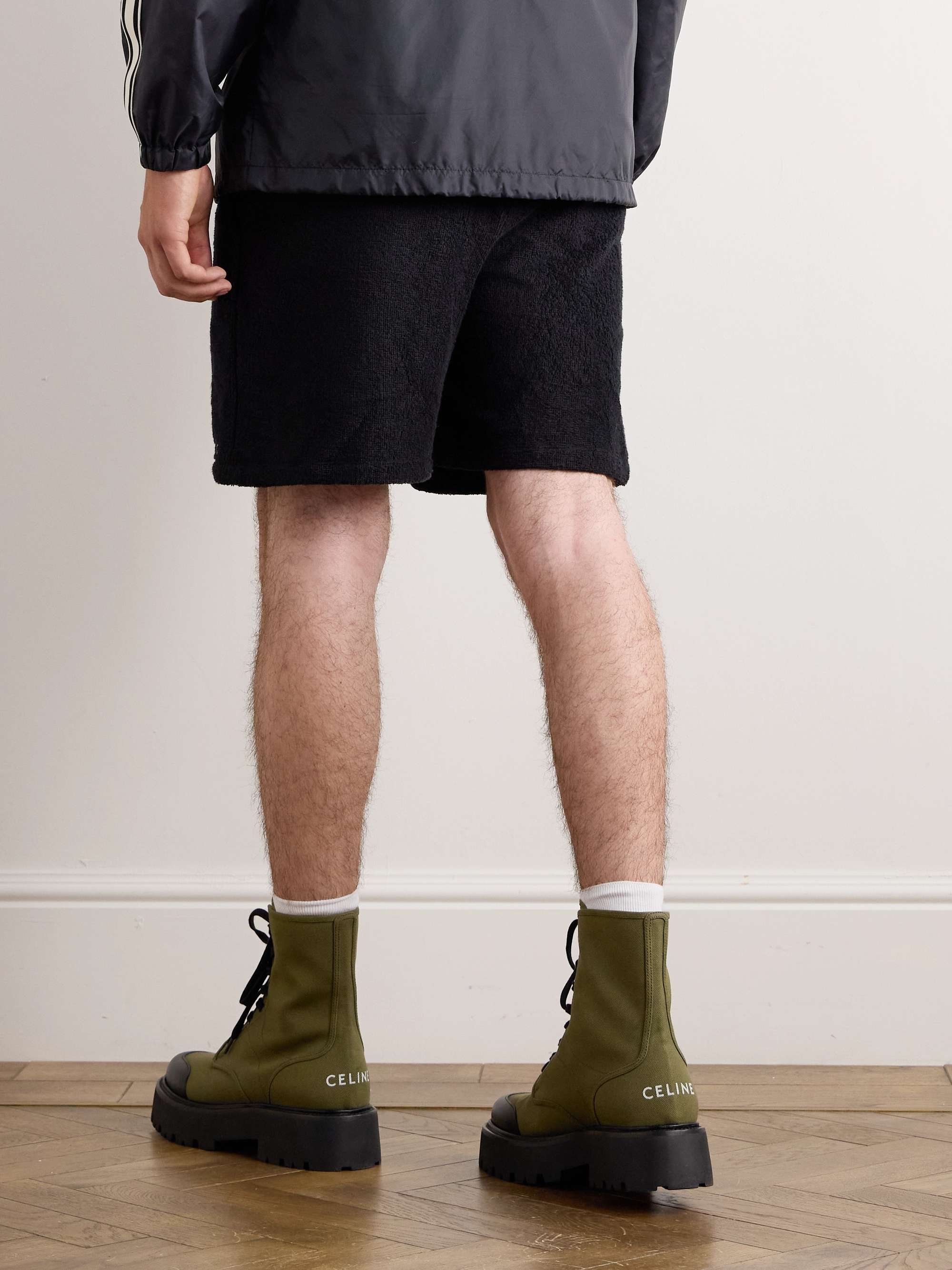 Straight-Leg Distressed Logo-Print Cotton-Jersey Drawstring Shorts view