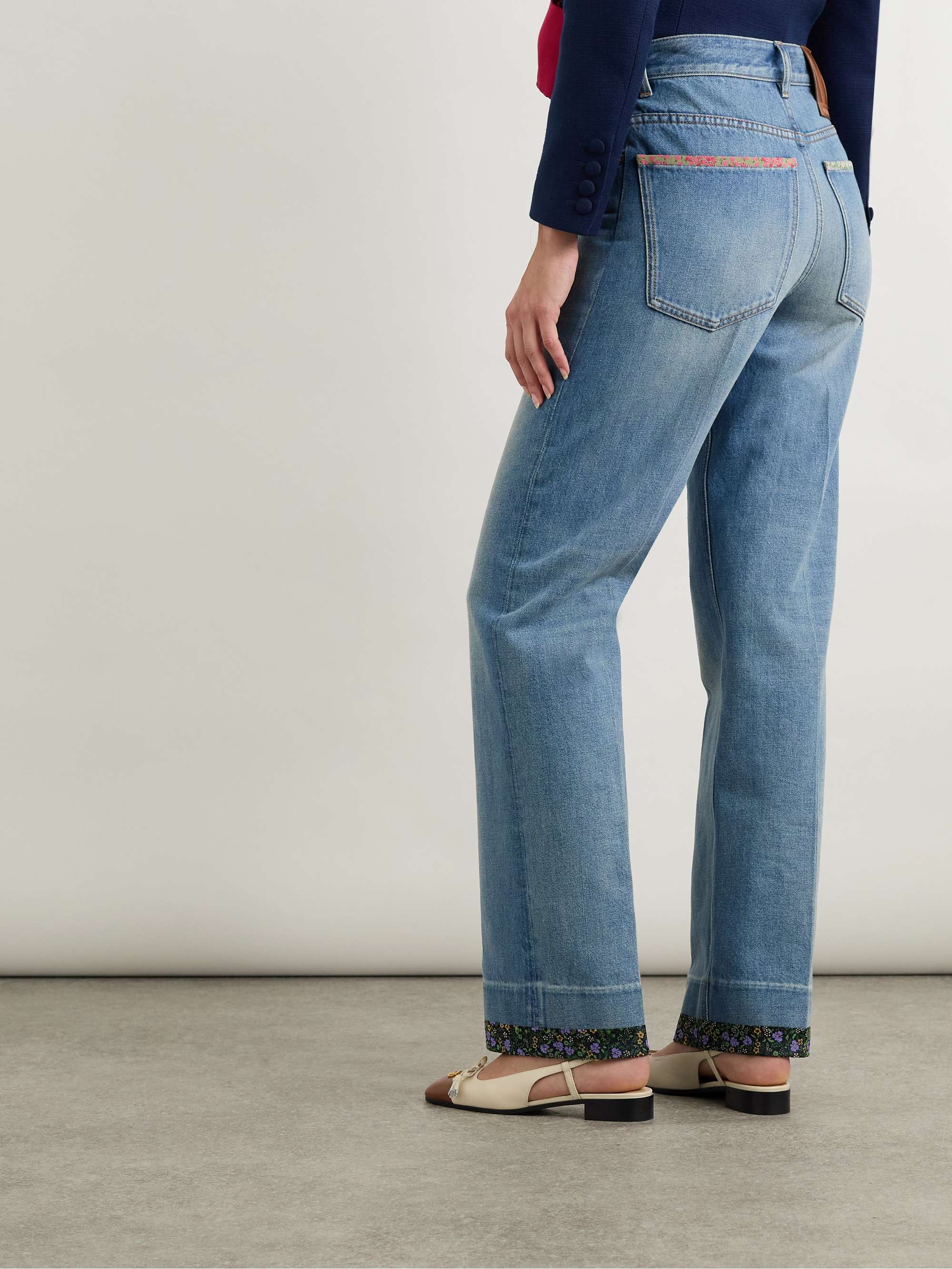 Printed chiffon-trimmed high-rise straight-leg jeans view