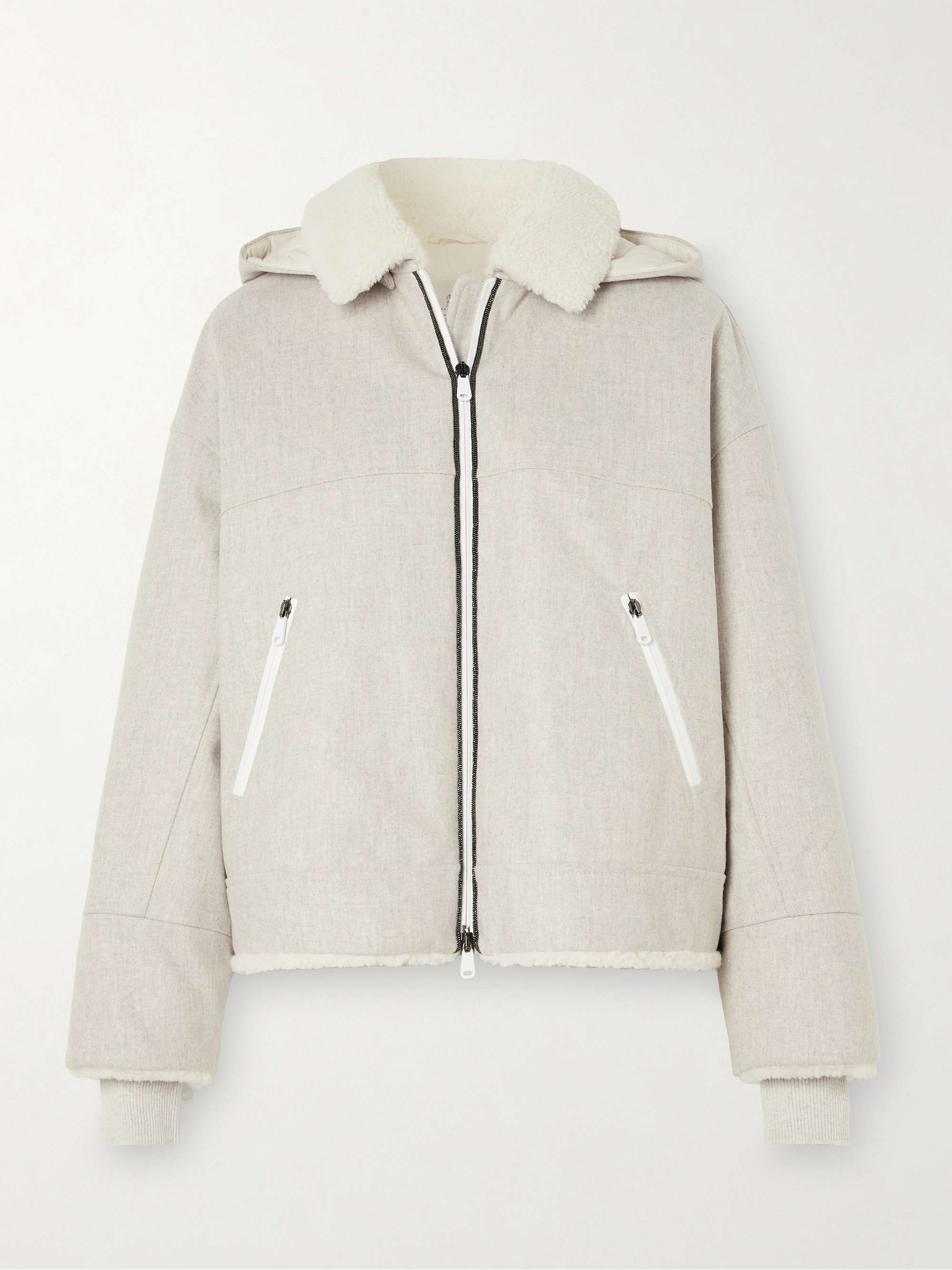Bead-embellished hooded shearling-trimmed wool coat view