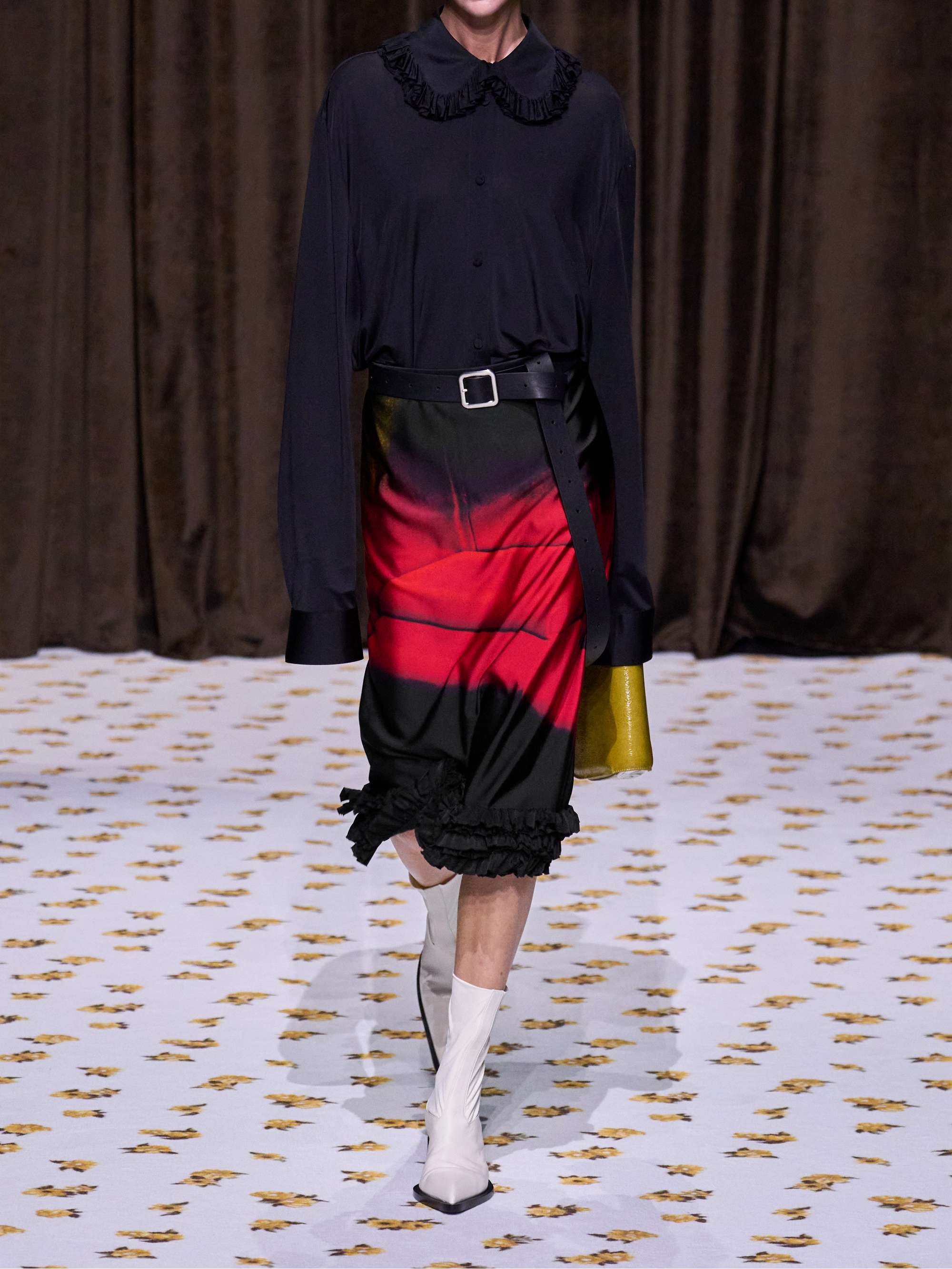 Ruffled printed satin midi skirt view