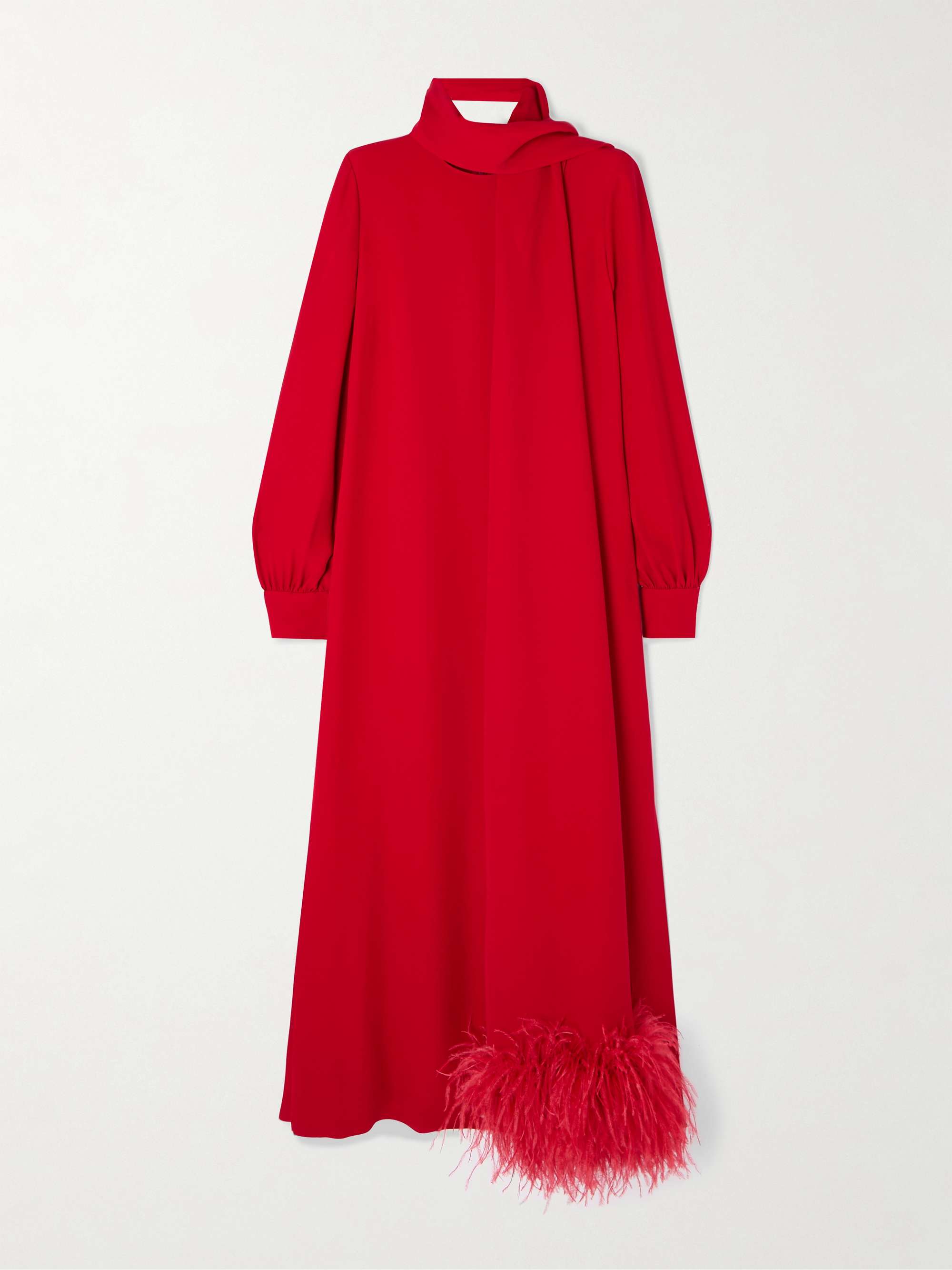 Tie-neck feather-trimmed silk-crepe gown view