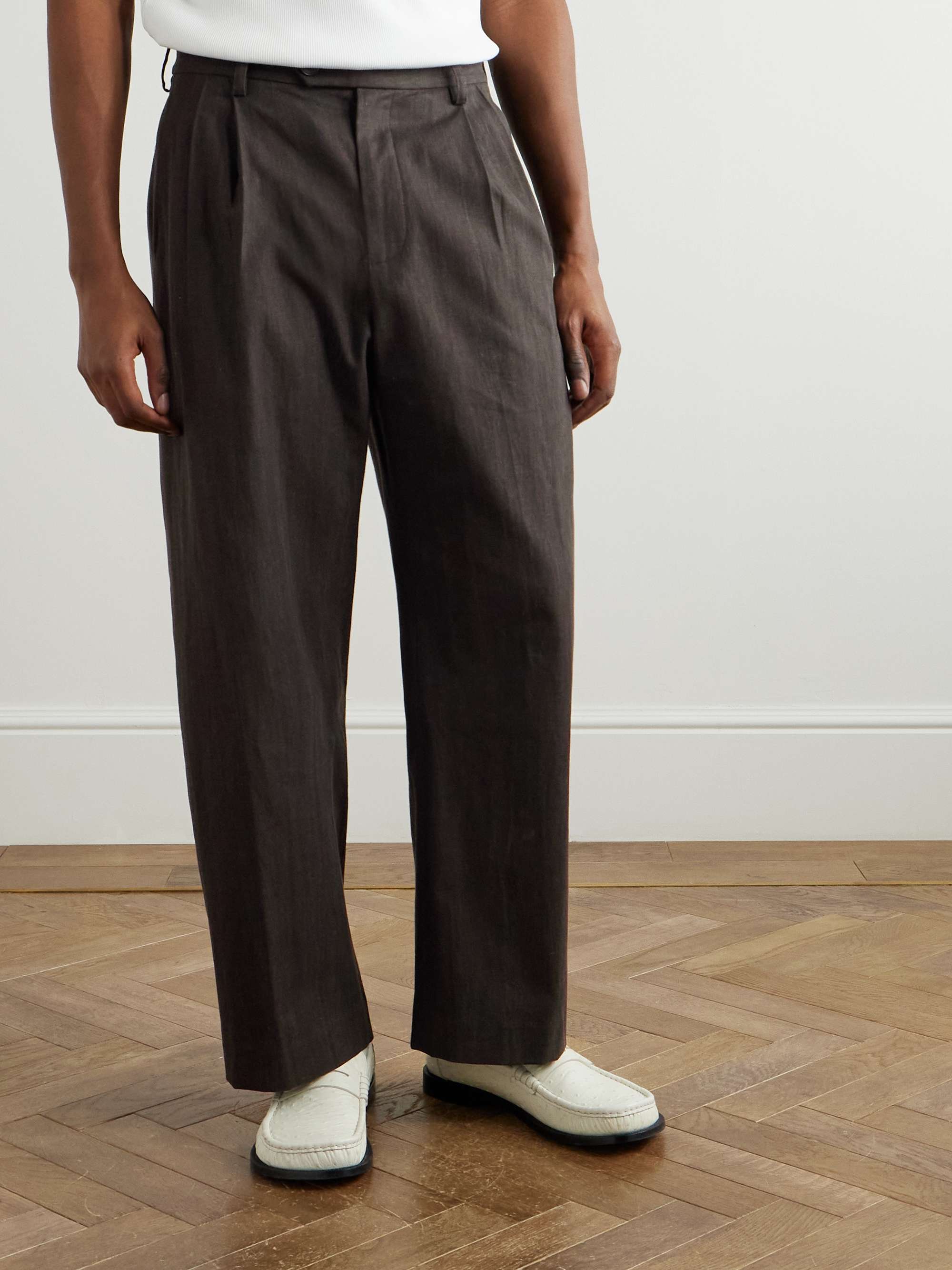 Straight-Leg Pleated Cotton-Canvas Suit Trousers view