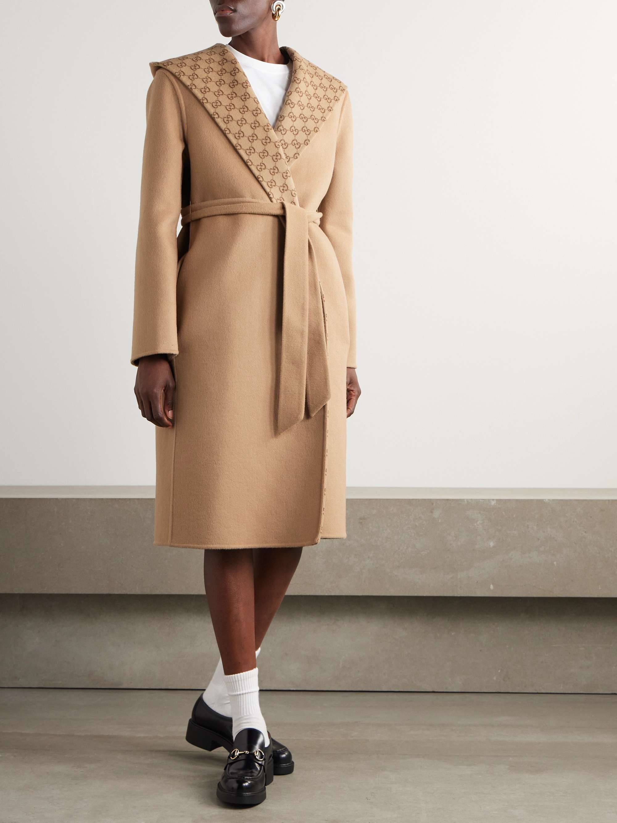 Reversible hooded belted wool and silk-blend jacquard coat view