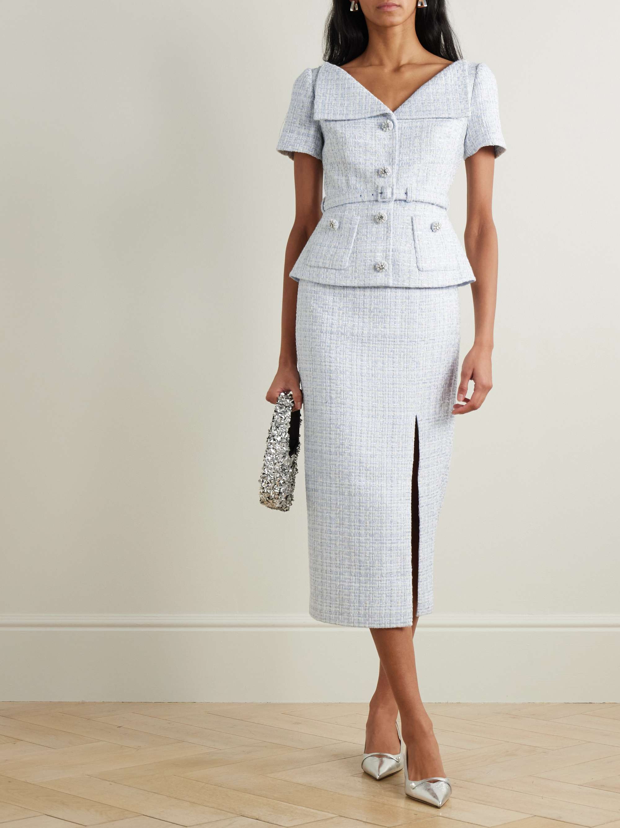 Belted embellished bouclé midi dress view