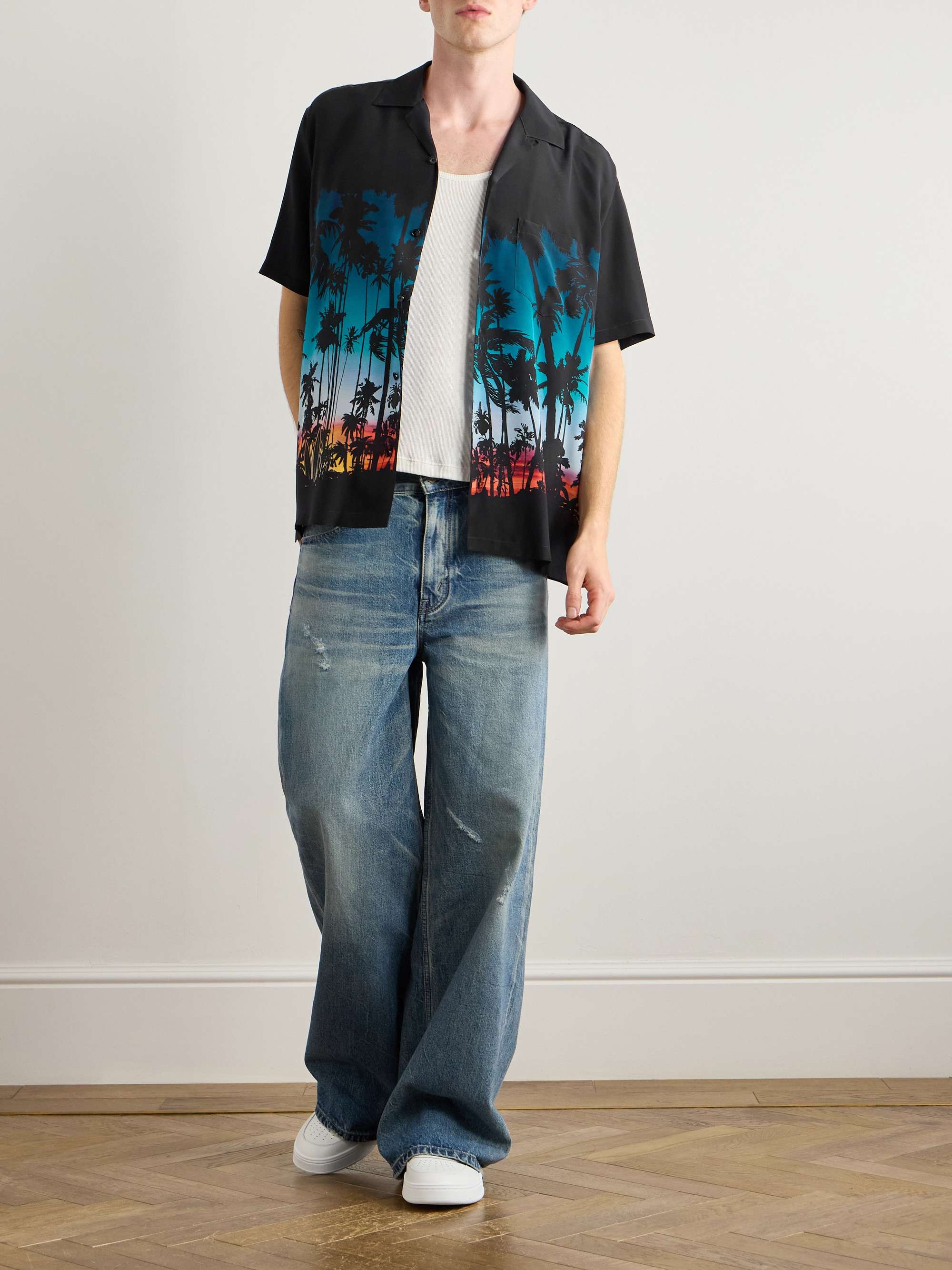 Tropical Sunset Convertible-Collar Printed Satin Shirt view