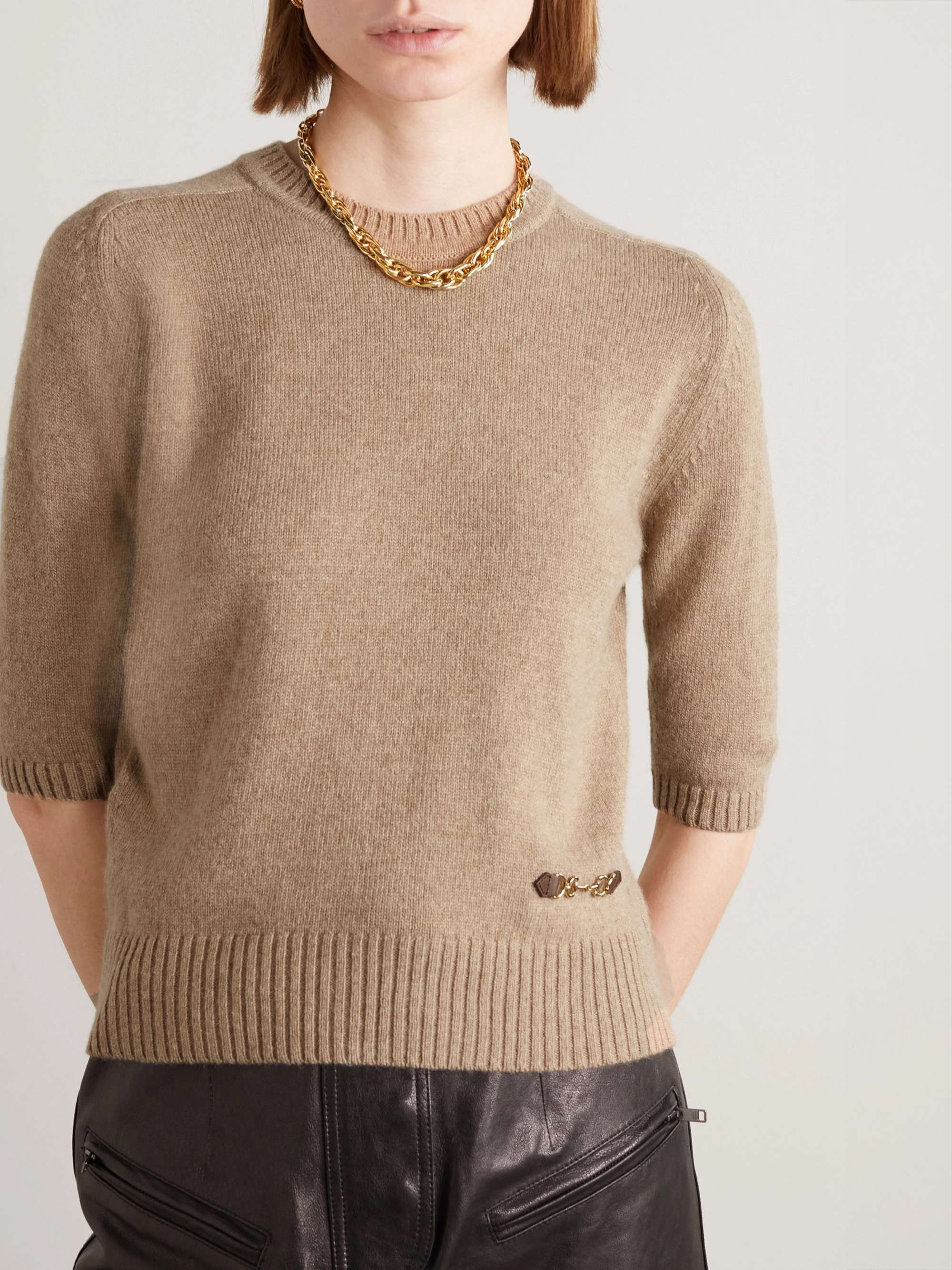 Horsebit-detailed leather-trimmed cashmere sweater view