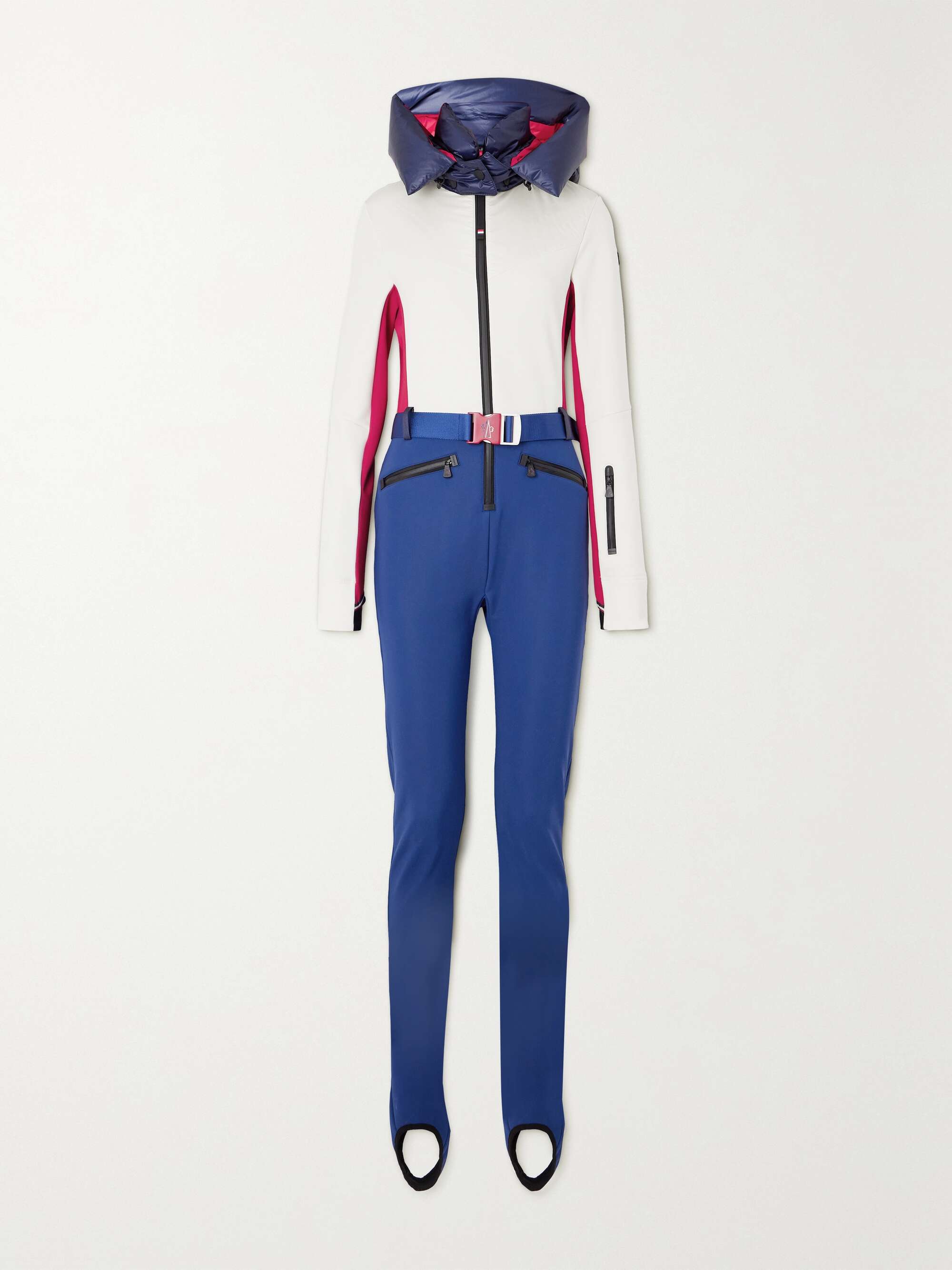 Hooded belted color-block down ski suit view