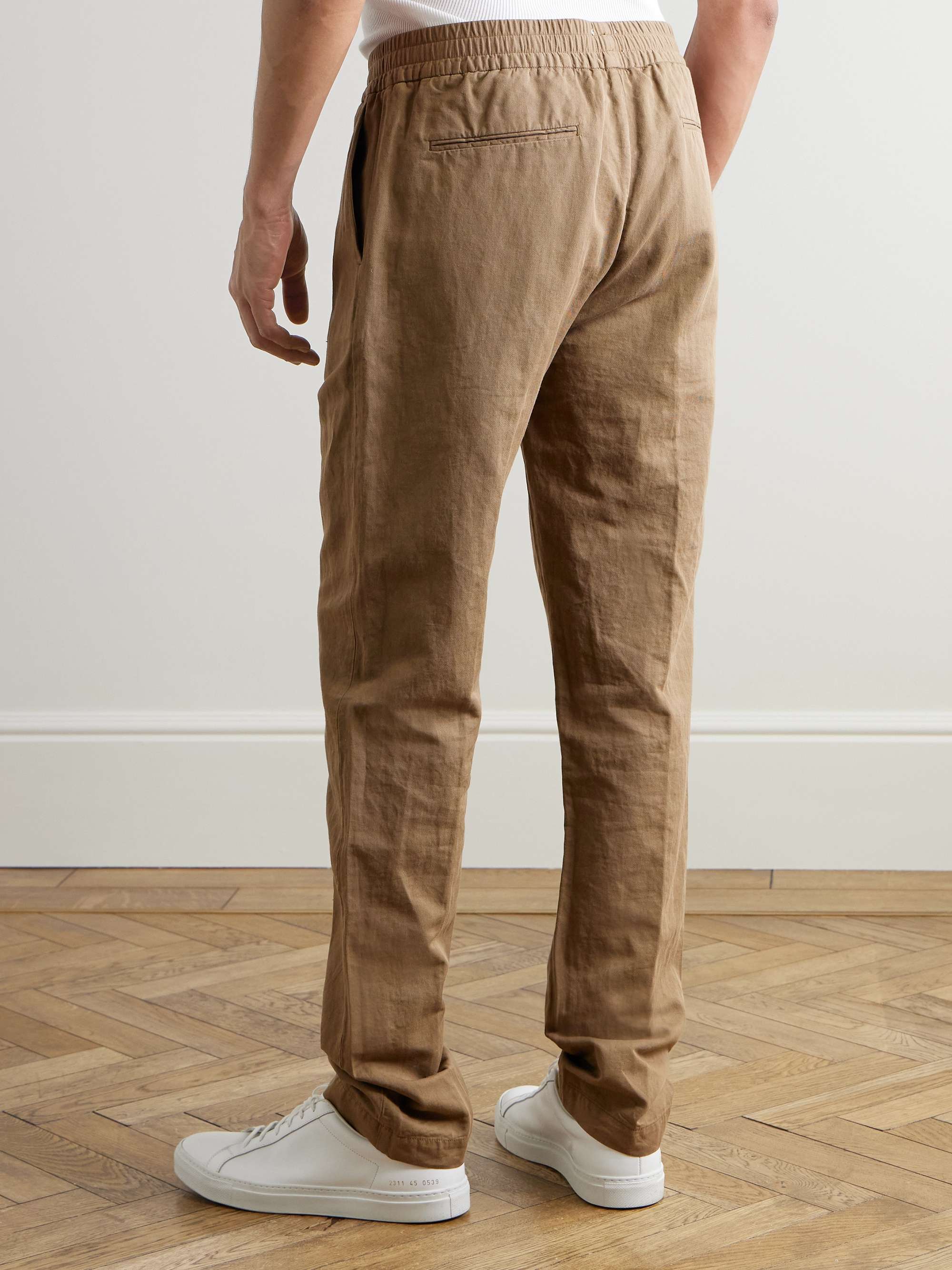 Straight-Leg Cotton and Linen-Blend Drawstring Trousers view