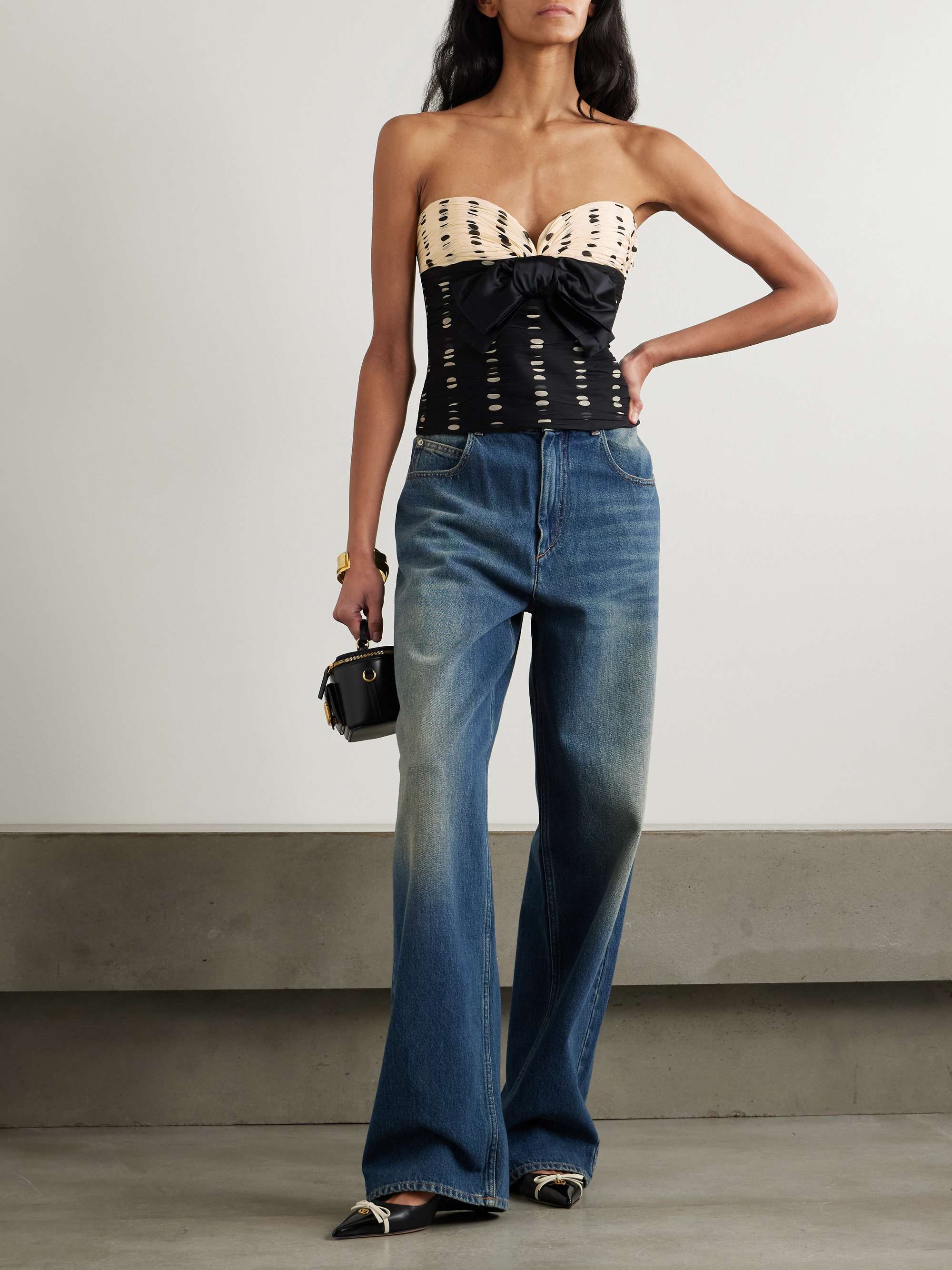 Satin bow-detailed ruched silk-chiffon strapless top view