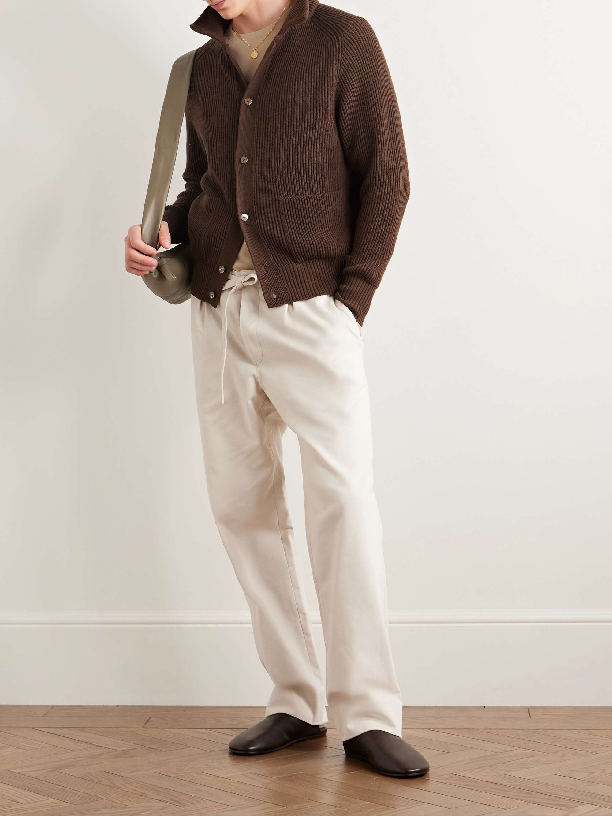 Straight-Leg Pleated Peached Cotton-Twill Drawstring Trousers view