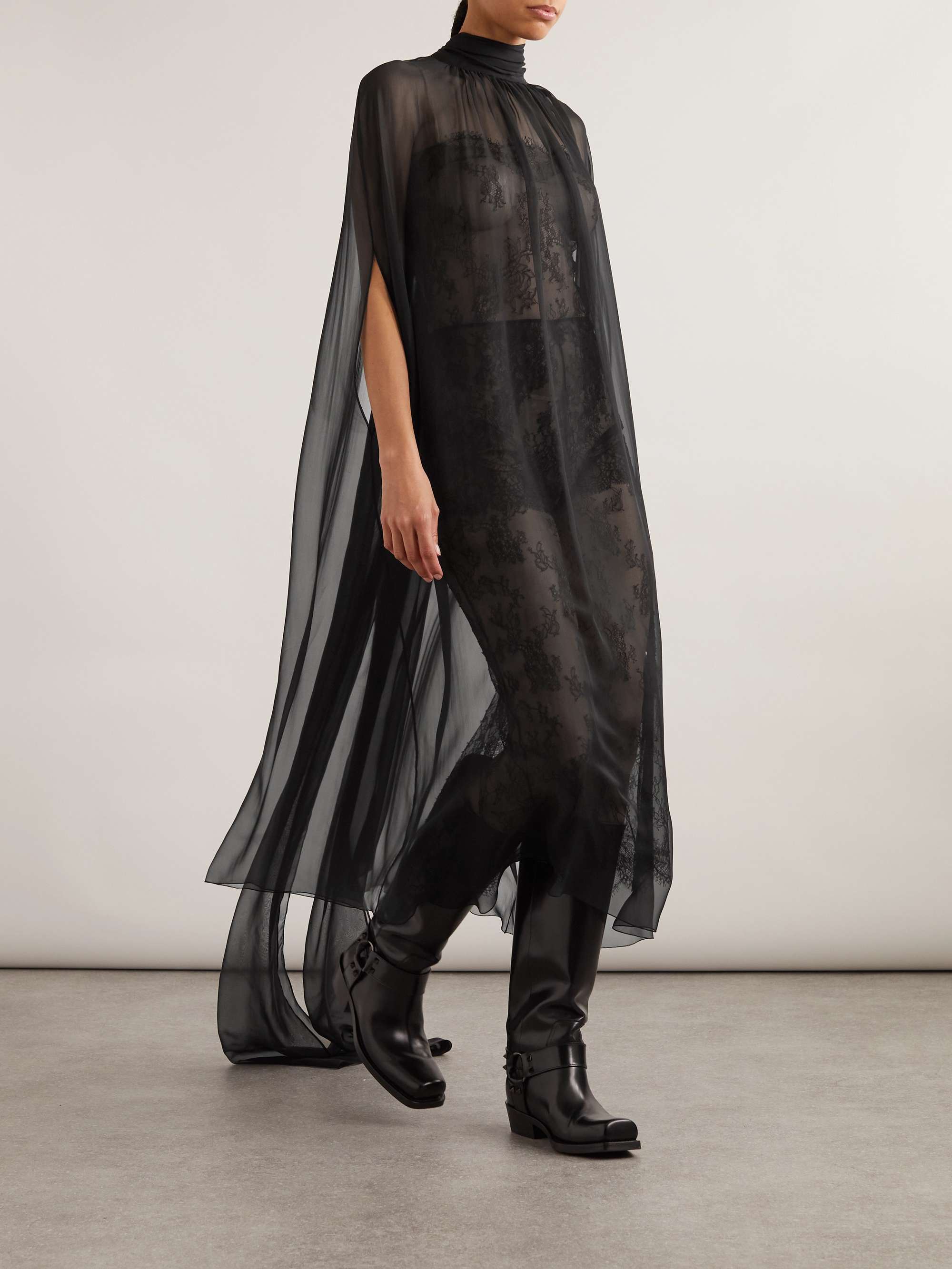 Cape-effect Leavers lace and silk-chiffon midi dress view