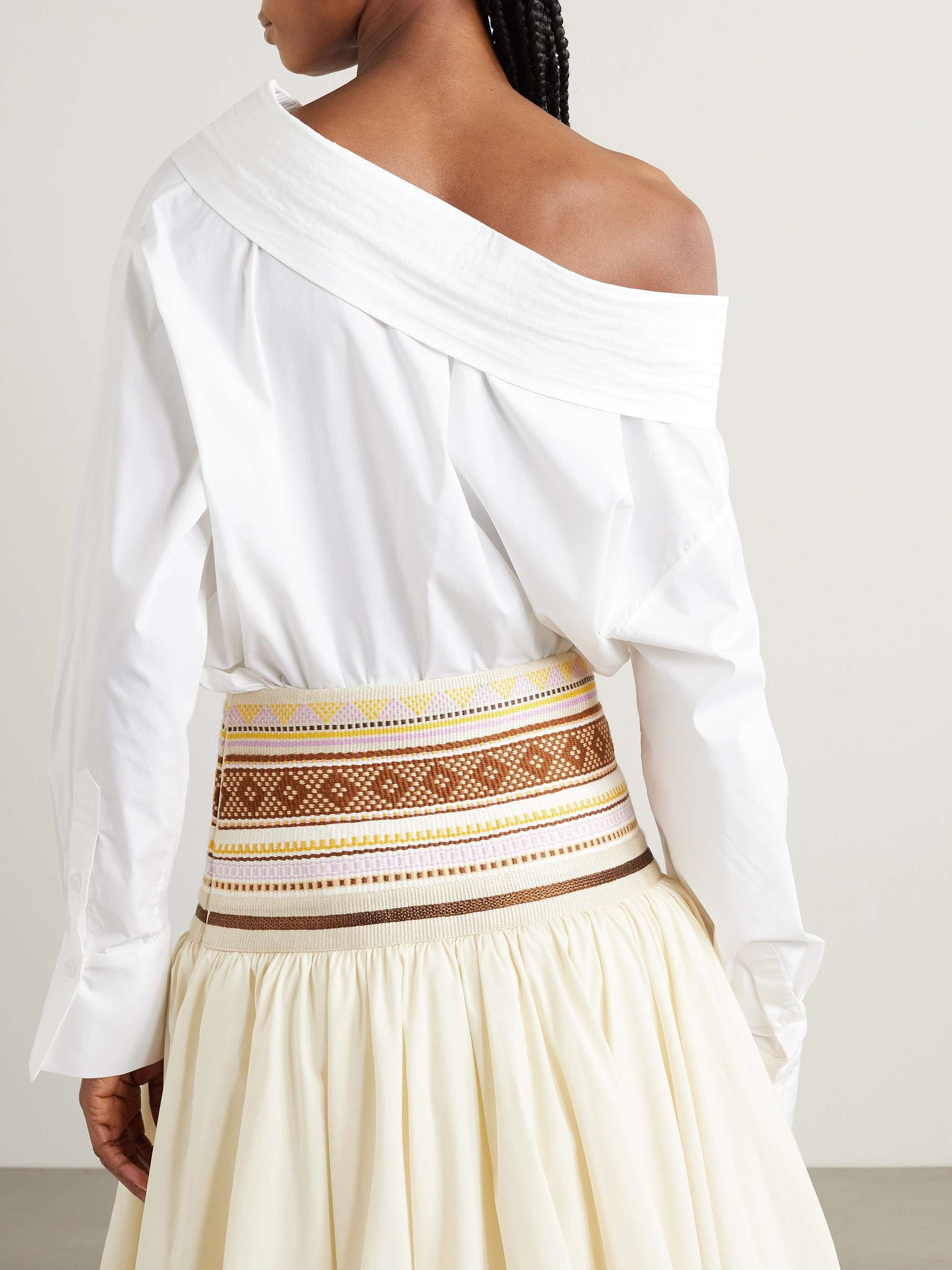 One-shoulder topstitched cotton-blend poplin and jersey bodysuit view